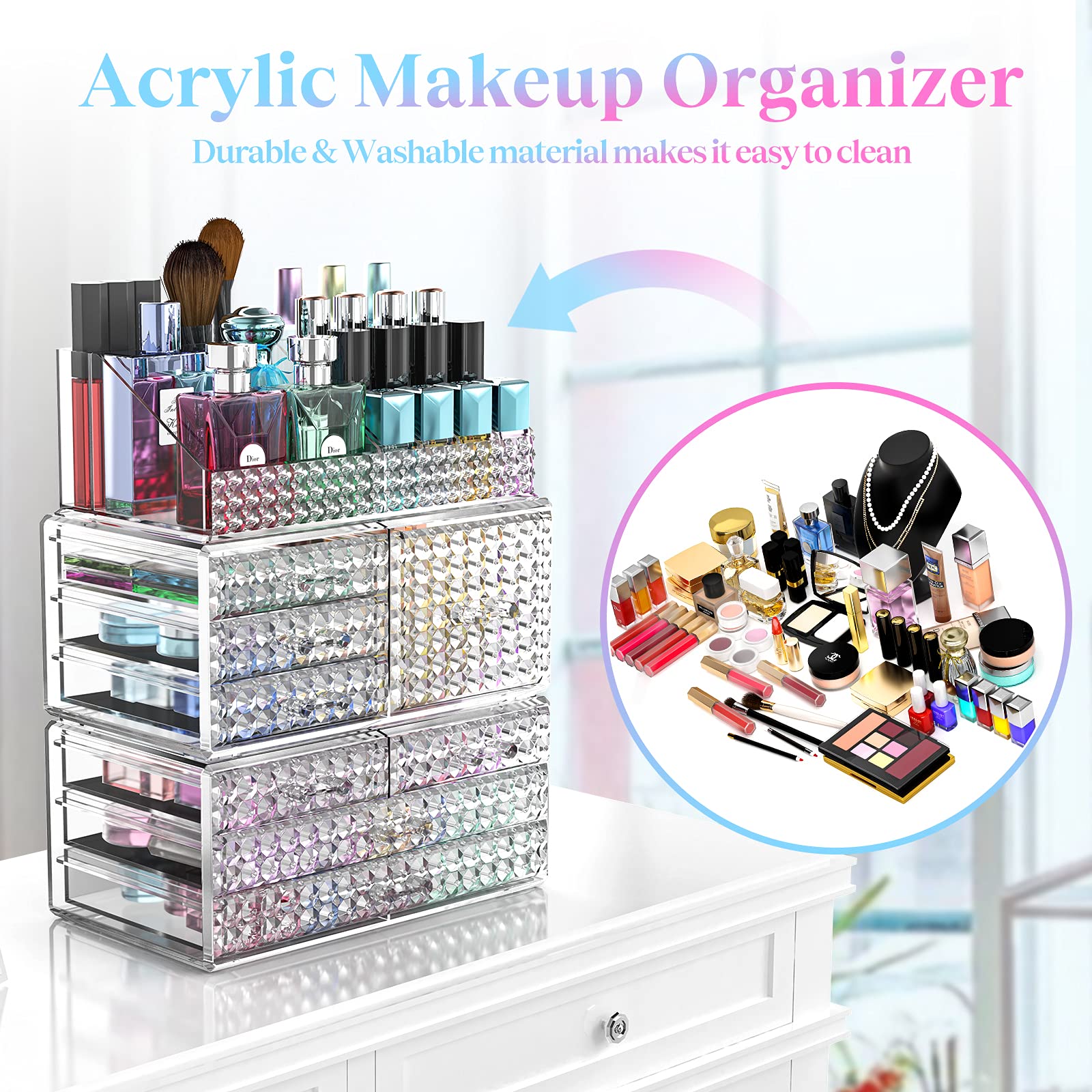 3 Pack Stackable Acrylic Makeup Organizer with 8 Drawers - Upgraded Cosmetic Storage Case for Brushes, Perfume & Jewelry Display - Perfect for Vanity, Bathroom Countertop & Bedroom Organization (Plus Size)