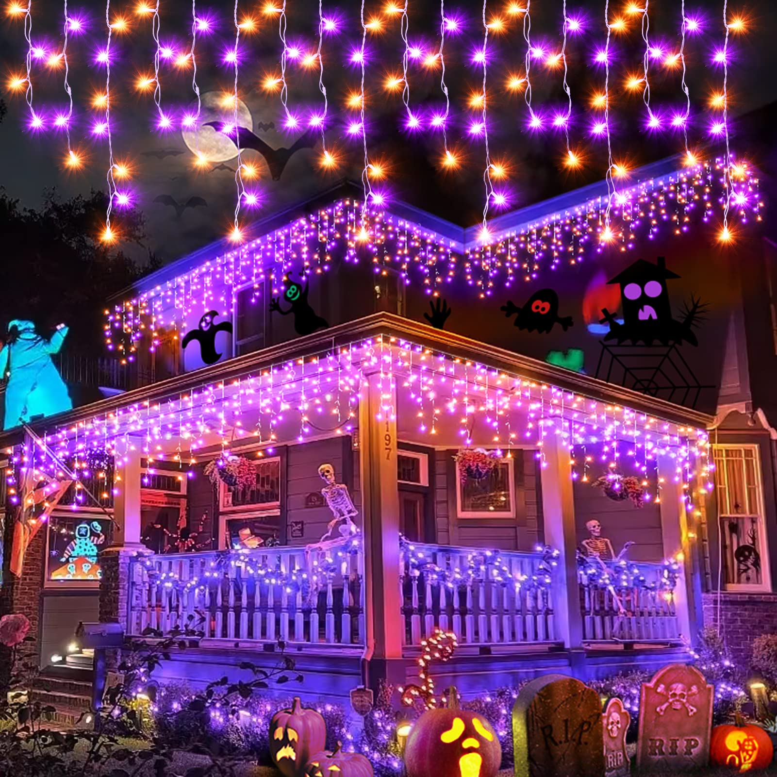 400 LED Halloween String Lights - 32.8 FT Orange & Purple Fairy Curtain Lights with 8 Lighting Modes, 75 Drops for Outdoor/Indoor Halloween Decorations - Perfect for Windows, Eaves, Yard, Garden & Party Decor