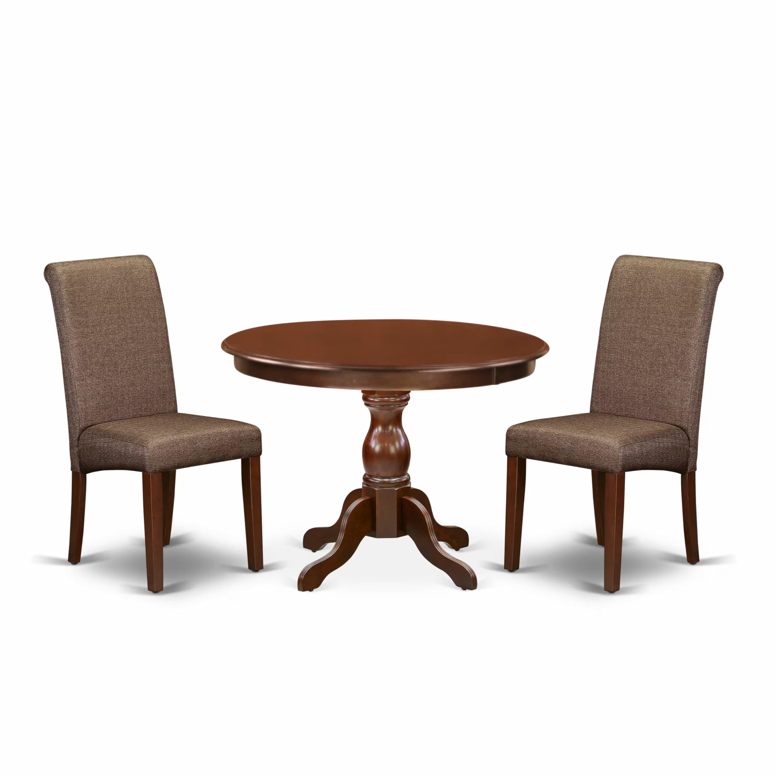 Modern 3-Piece Dining Table Set with Round Wooden Table & 2 Brown Linen Parsons Chairs - 42x42 Inch Mahogany - Perfect for Small Spaces, Breakfast Nooks & Cozy Apartments
