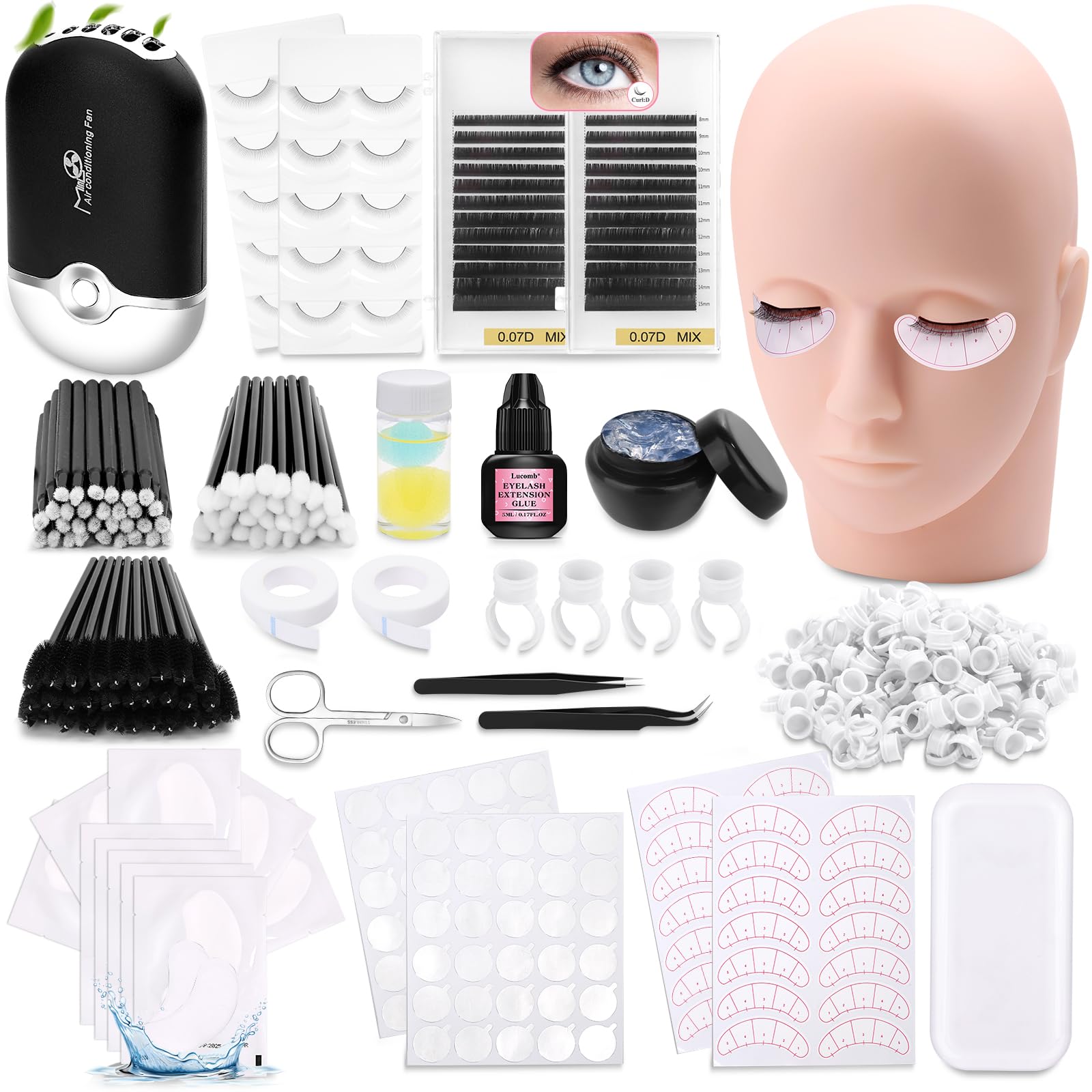 Professional Eyelash Extension Kit for Beginners - Includes Mannequin Practice Head, Lash Clusters, Extension Glue, Remover, Fan & Tweezers - Complete Lash Tech Training Supplies for Home Salon & Professional Use