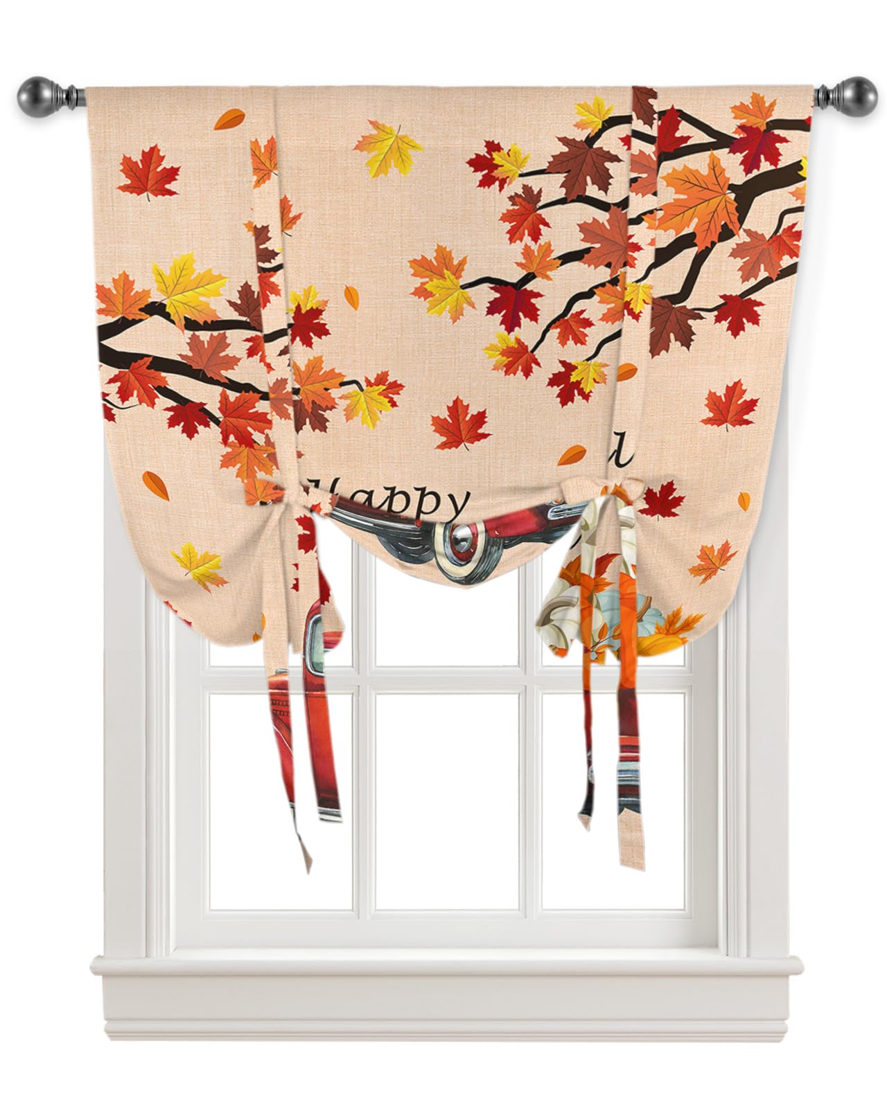 Harvest Pumpkin Tie-Up Curtains for Windows - Autumn Kitchen Curtains with Adjustable Balloon Shades, Fall Maple Leaf Valances for Small Windows (42x63 inches) - Perfect for Truck, Bathroom, Living Room & Seasonal Home Decor