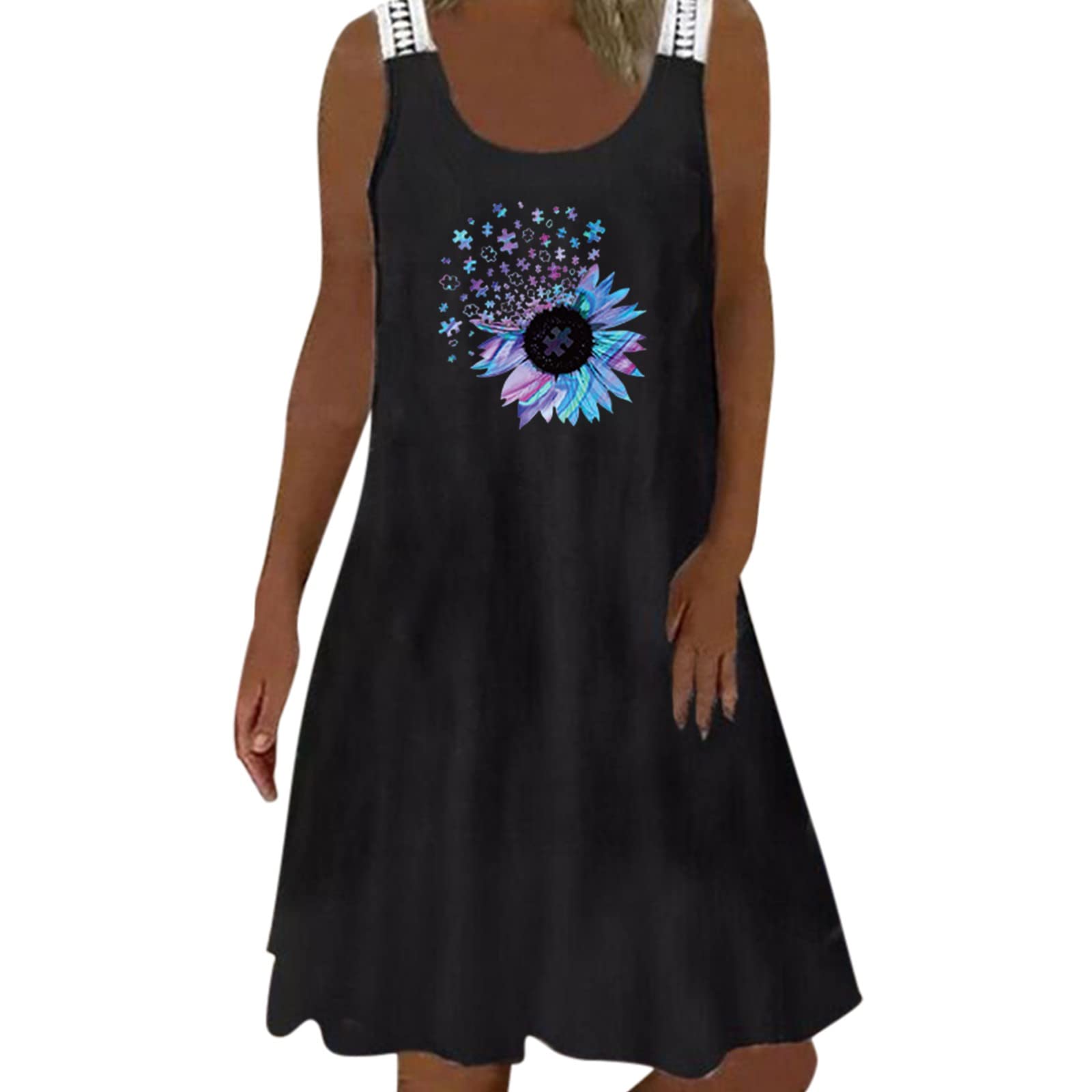 Smileyth Women's Casual O-Neck Sunflower & Heart Print Vest Dress - Lace Sleeveless Swing A-Line Mini Dress for Beach, Summer & Daily Wear (Blue, Size L)