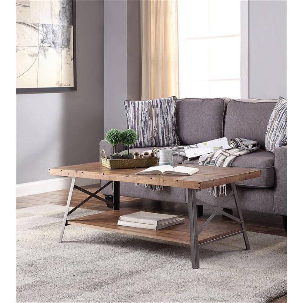 Acme Ikram Rectangular Wooden Coffee Table - Weathered Oak & Black Finish - Modern Living Room Furniture for Home Decor & Small Space