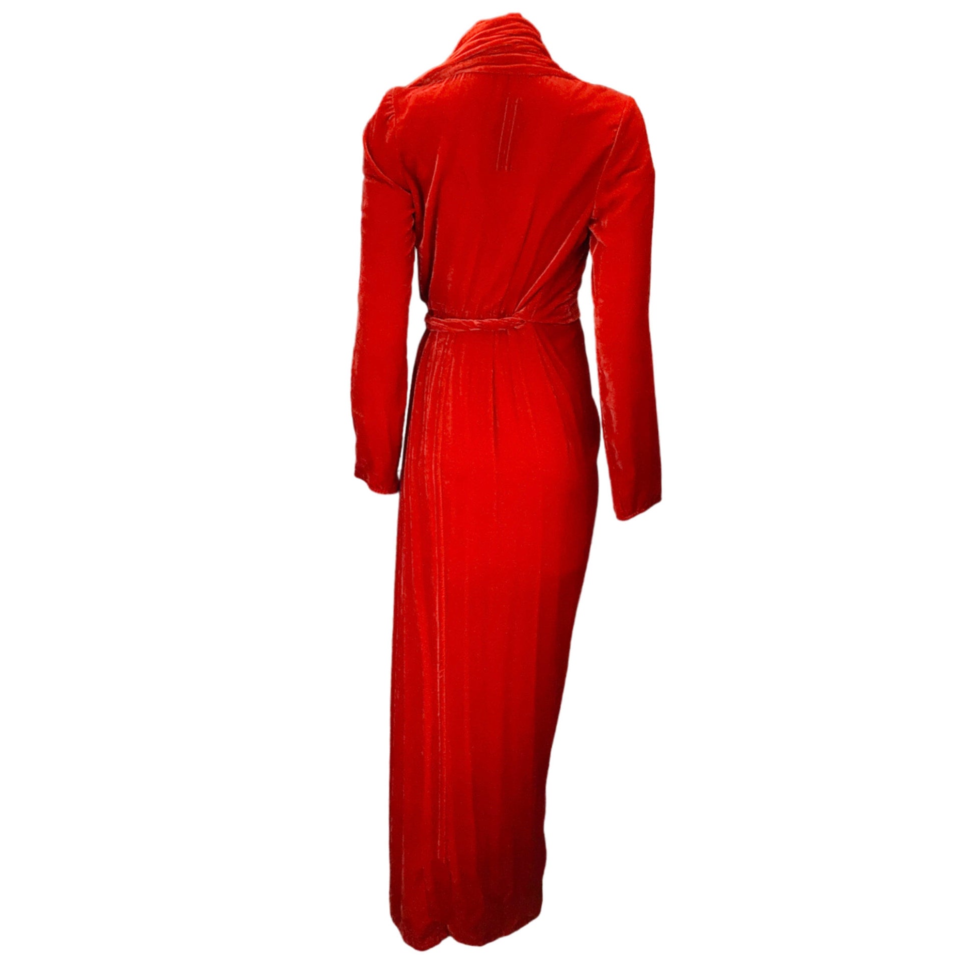 Rick Owens Cardinal Red 2019 Long Sleeve Velvet Wrap Gown Dress - Elegant Evening Wear for Parties, Weddings & Special Occasions