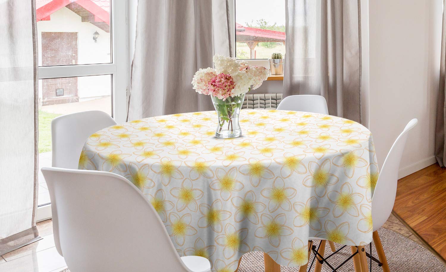 Ambesonne Floral Round Tablecloth - 60 Inch Frangipani Petals Summer Blooms Pattern, Exotic Bali Bouquets Circle Table Cover for Dining Room & Kitchen Decor in Yellow & Off White | Perfect for Parties, Weddings & Outdoor Dining