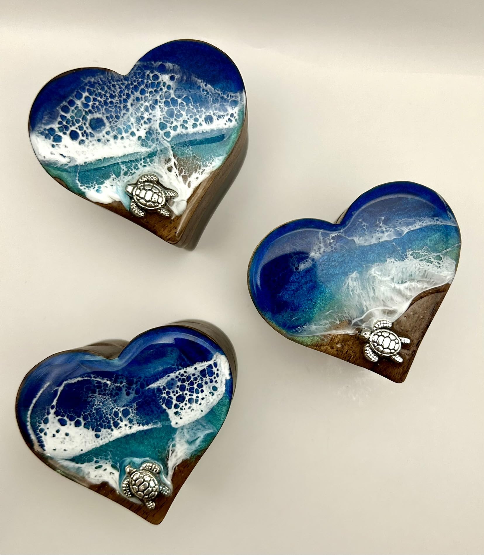 Ocean Resin Art Heart Ring Box - Walnut Wood Jewelry Box with Turtle Charm & Ocean Blues Design - Perfect for Wedding Proposals, Engagement Ceremonies, Valentine's Gifts & Beach-Themed Weddings