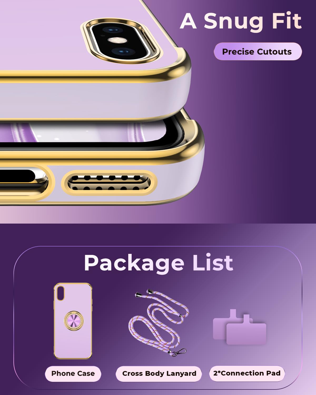 Premium Luxury Electroplated iPhone Xs Max Case with Ring Holder Stand & Lanyard - Soft TPU Shockproof Protective Cover for Women & Girls (Purple) - Perfect for Daily Use, Travel, and Hands-Free Convenience