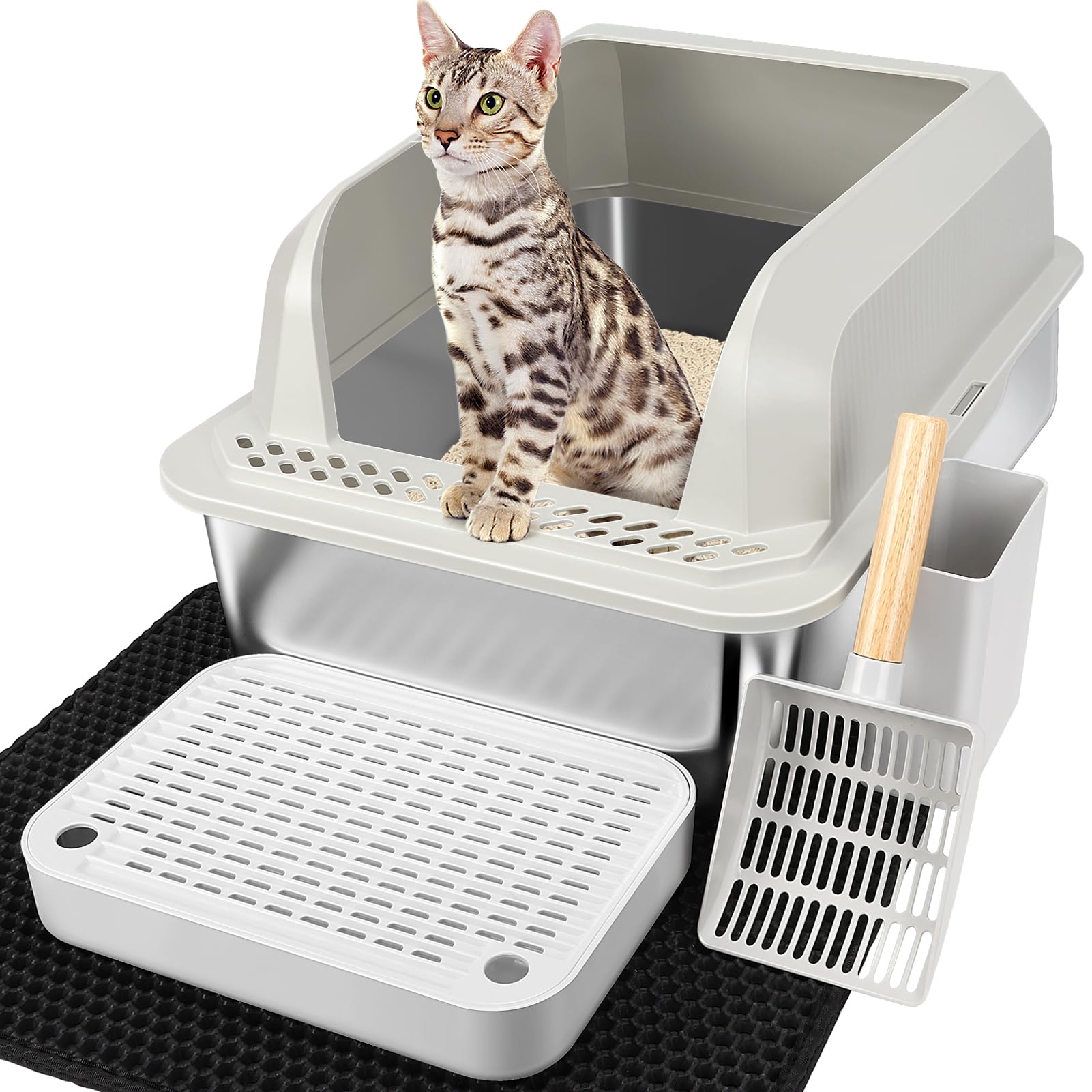Extra Large Stainless Steel Cat Litter Box - XL High Sided Design with Odor Control, Easy to Clean, Includes Litter Scoop & Mat - Perfect for Large Cats & Multi-Cat Households