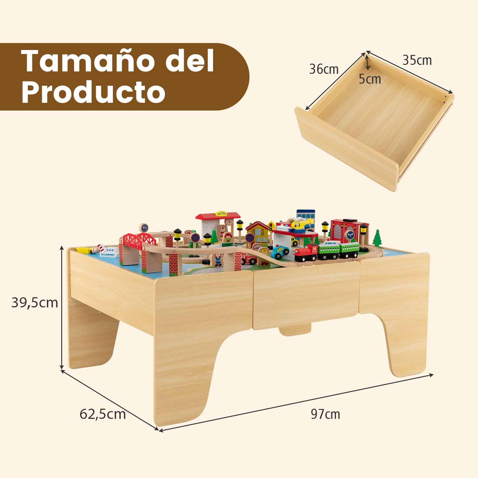 COSTWAY Solid Wood Train Table Set with 84-Piece Track, Storage Drawer & Natural Wooden Train Play Table for Kids Ages 3+ (97x62.5x39.5cm) - Perfect for Preschool Playrooms, Daycare Centers & Toddler Gift Ideas