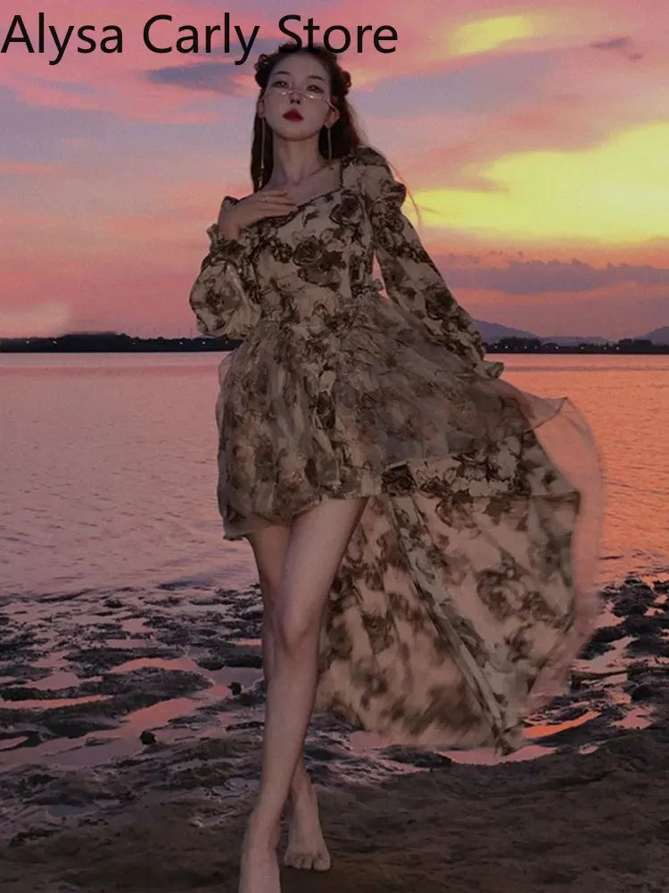 Elegant Autumn Floral Fairy Dress for Women - Luxury Designer Slim Korean Princess Dress, Chic Casual & Party Wear for Weddings, Dates & Special Occasions