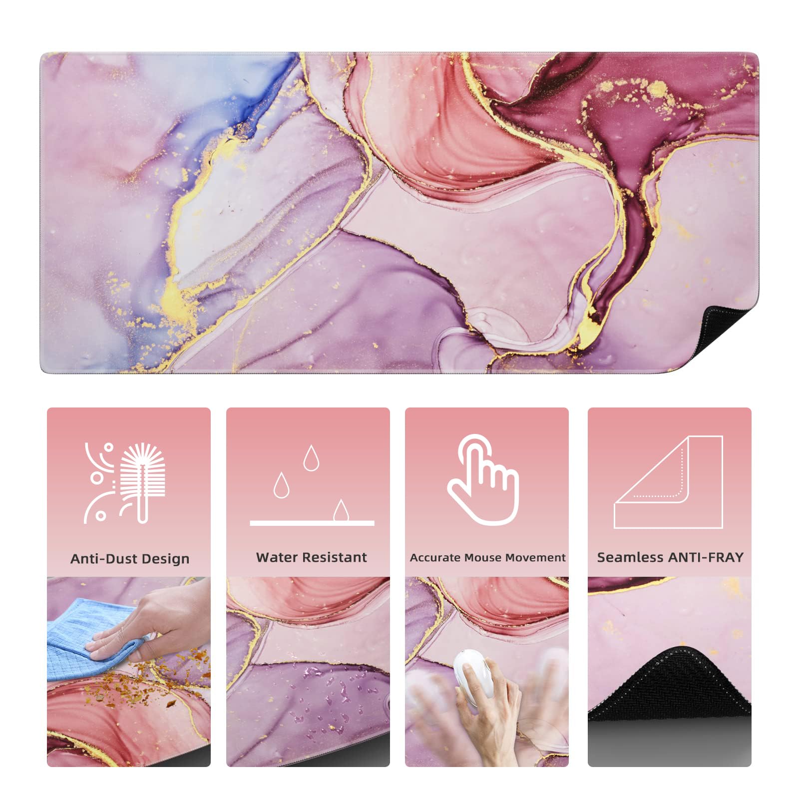 PULAIXIN 5-in-1 Ergonomic Keyboard and Mouse Pad Set with Wrist Support - Extra Large 34.5x15.7 Inch Gaming Mouse Pad & Keyboard Wrist Rest - Pink Marble Design for PC, Office, and Gaming Setup
