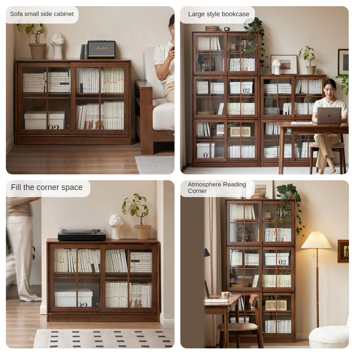 Solid Oak Wood Sliding Door Bookcase - Rustic Bookshelf for Living Room, Bedroom, or Home Office Storage