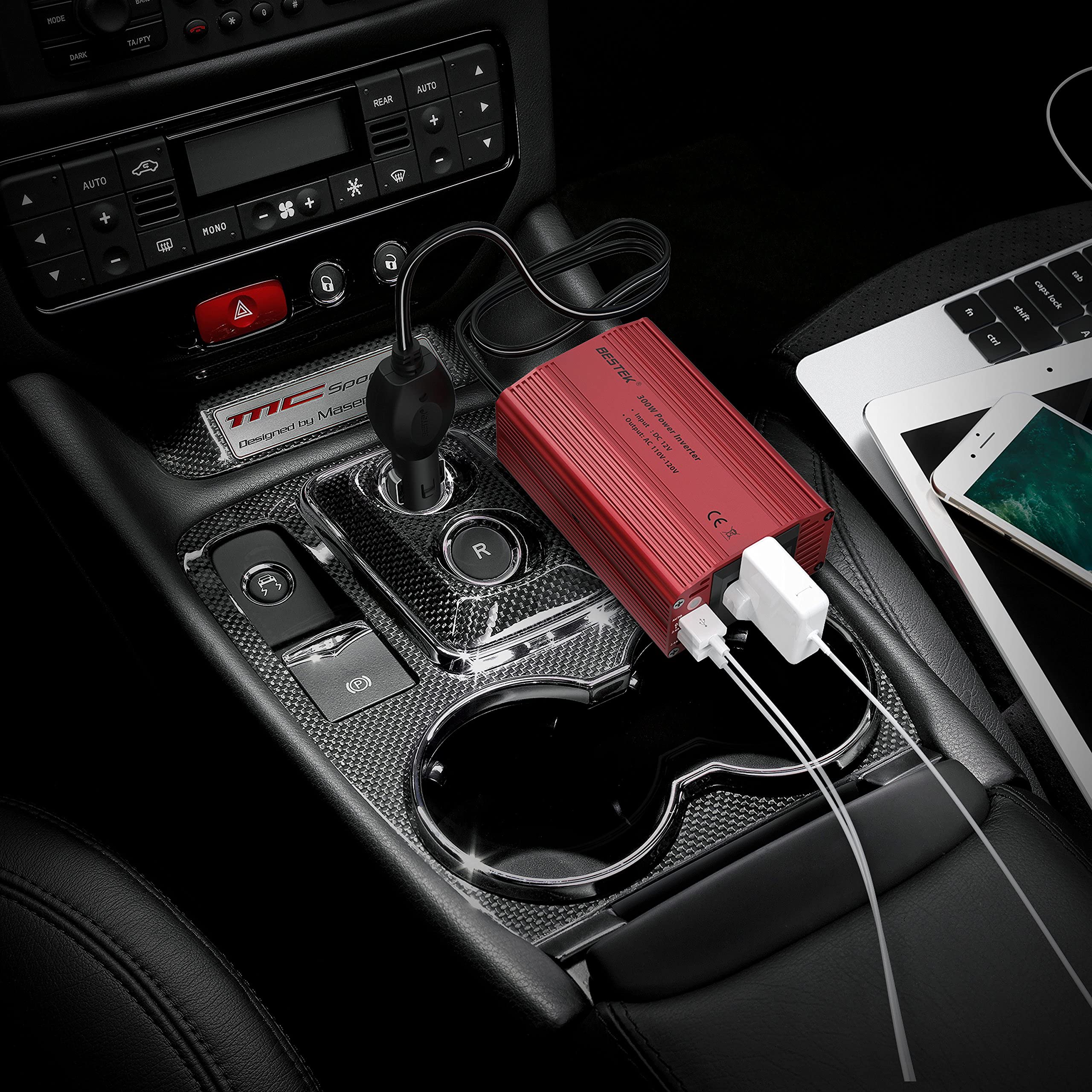 BESTEK 300W Car Power Inverter DC 12V to 230V AC Converter with 2 AC Outlets & 4.8A Dual USB Ports - Ideal for Road Trips, Camping, and Charging Laptops/Devices On The Go