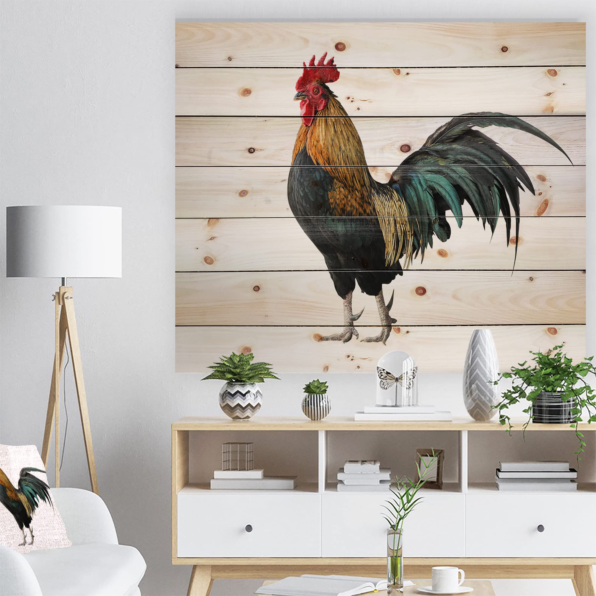 Chicken Rooster Traditional Wood Wall Decor - White Wood Wall Art for Farmhouse & Rustic Home Decor - Large Animal Wood Panels Printed on Natural Pine Wood - Perfect for Living Room, Kitchen & Country Style Interiors