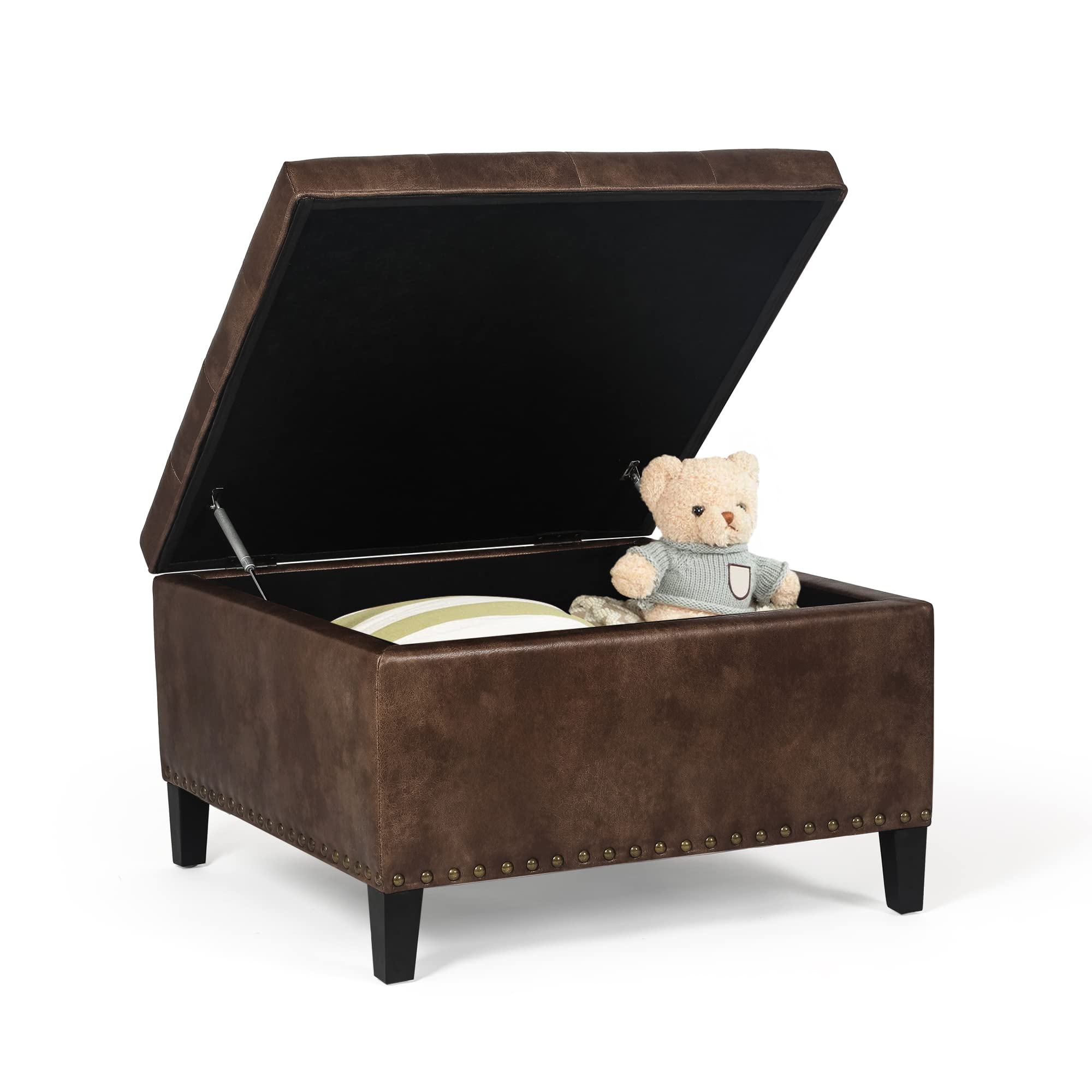 Adeco Large Square Storage Ottoman Bench - PU Leather Tufted Upholstered Coffee Table Footstool with Wood Legs for Living Room, Bedroom | Multi-Functional Seat & Storage Solution for Home Decor, Coffee Table Alternative, Footrest & Extra Seating