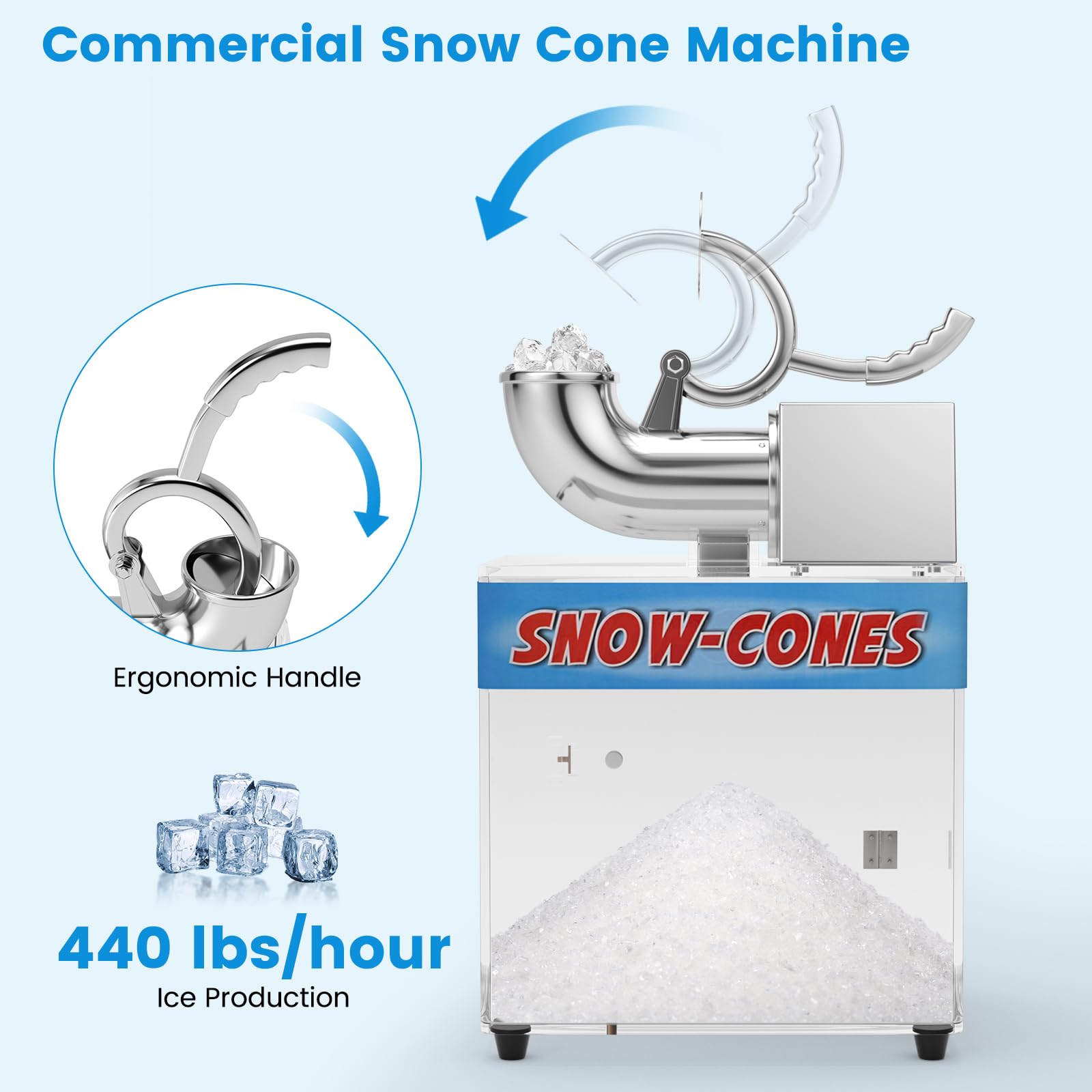 COSTWAY Commercial Shaved Ice Machine 440LBS/H - Stainless Steel Ice Crusher with Safety Switch & Dual Blades - 11.6 Gallon Acrylic Storage - 200W Electric Snow Cone Maker for Home Bars, Parties & Restaurants - Perfect for Summer Treats, Cocktails & Frozen Desserts