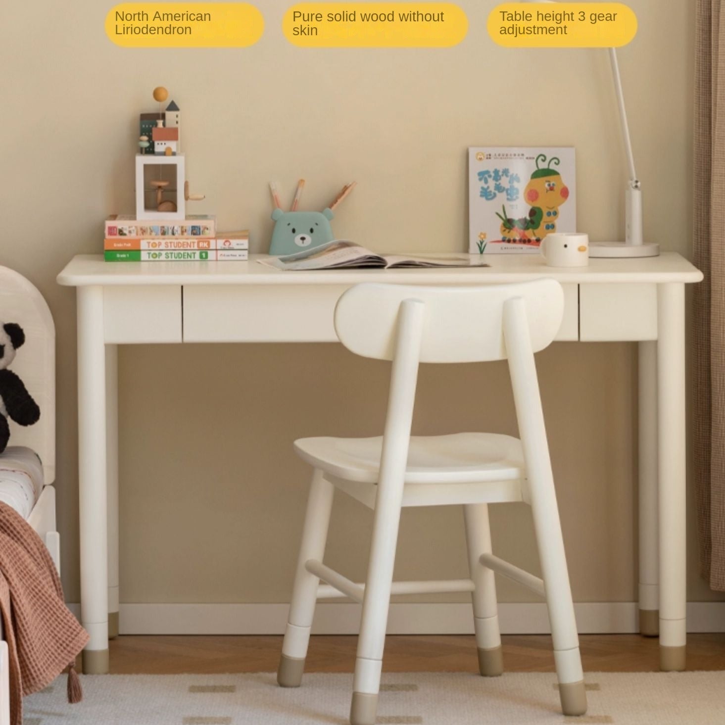 Solid Poplar Wood Kids Height-Adjustable Learning Desk with Cream Drawer - Perfect for Homeschooling, Online Classes & Study Room Organization