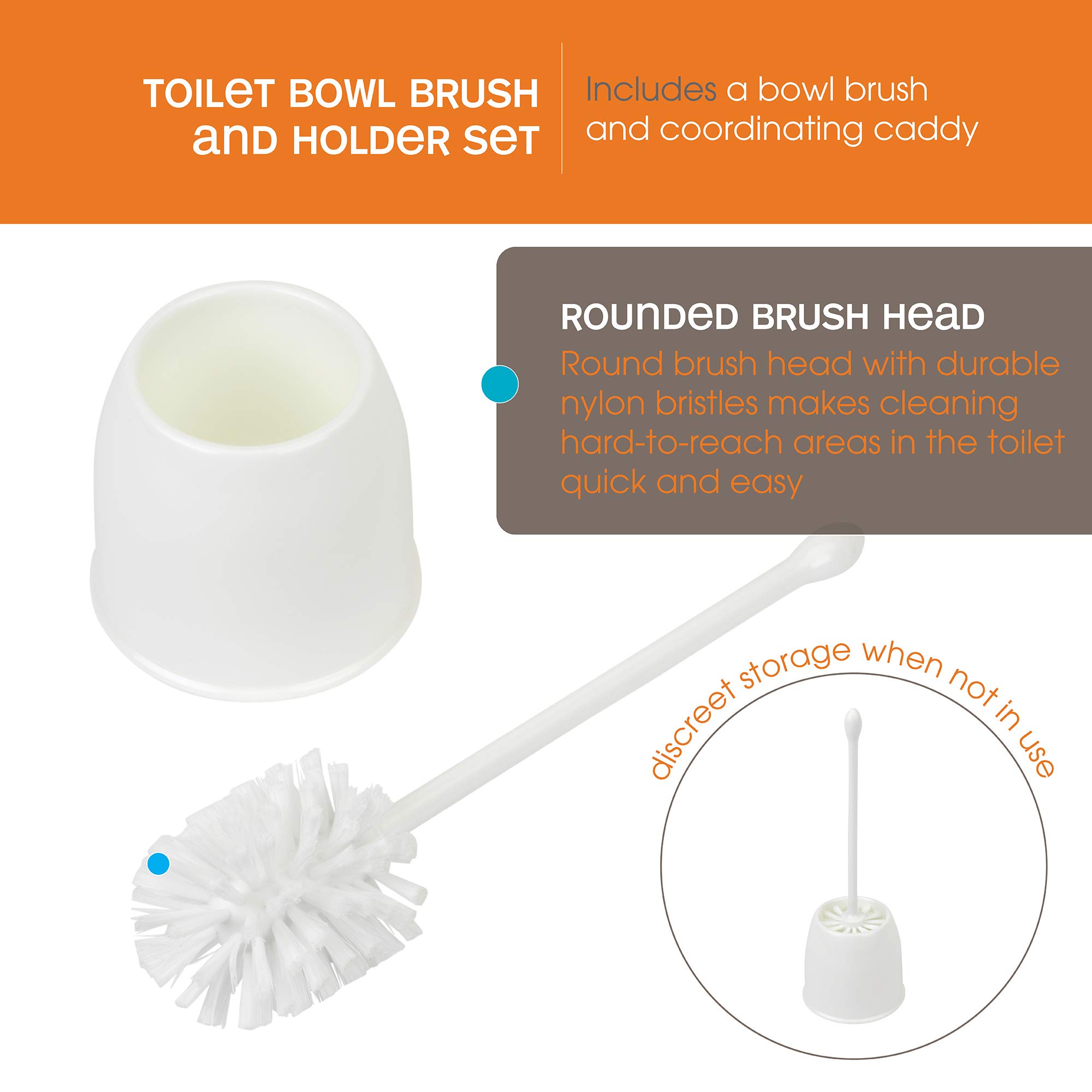 Casabella White Toilet Bowl Brush and Holder Set - Durable Bathroom Cleaning Tool for Home & Office Use