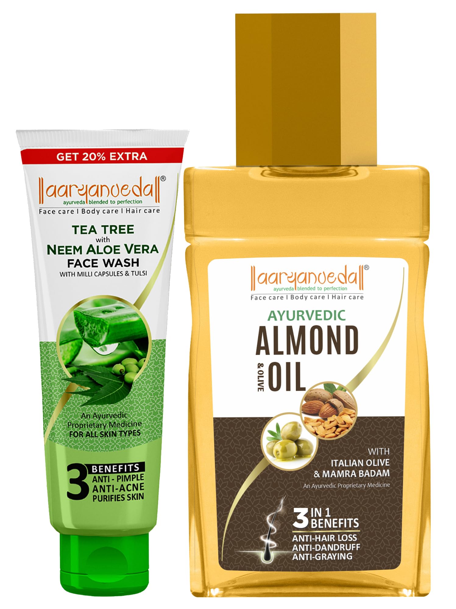 **Aryanveda Tea Tree Face Wash with Neem & Aloe Vera Extracts (120ml) & Almond & Olive Hair Oil for All Hair Types (200ml) – Deep Cleansing & Nourishing Skincare & Haircare Combo for Acne-Prone Skin & Dry Scalp**