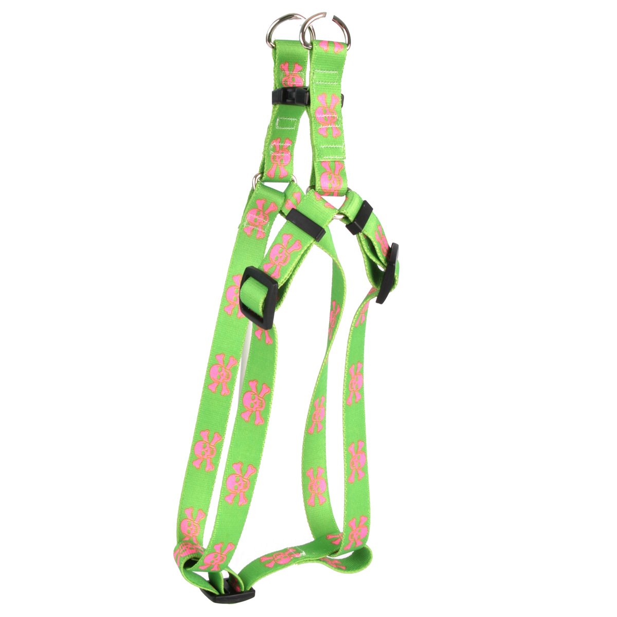 Yellow Dog Design Step-In Dog Harness - Large Size, Green & Pink Skull Pattern - Adjustable & Secure for Walking, Running, and Outdoor Adventures