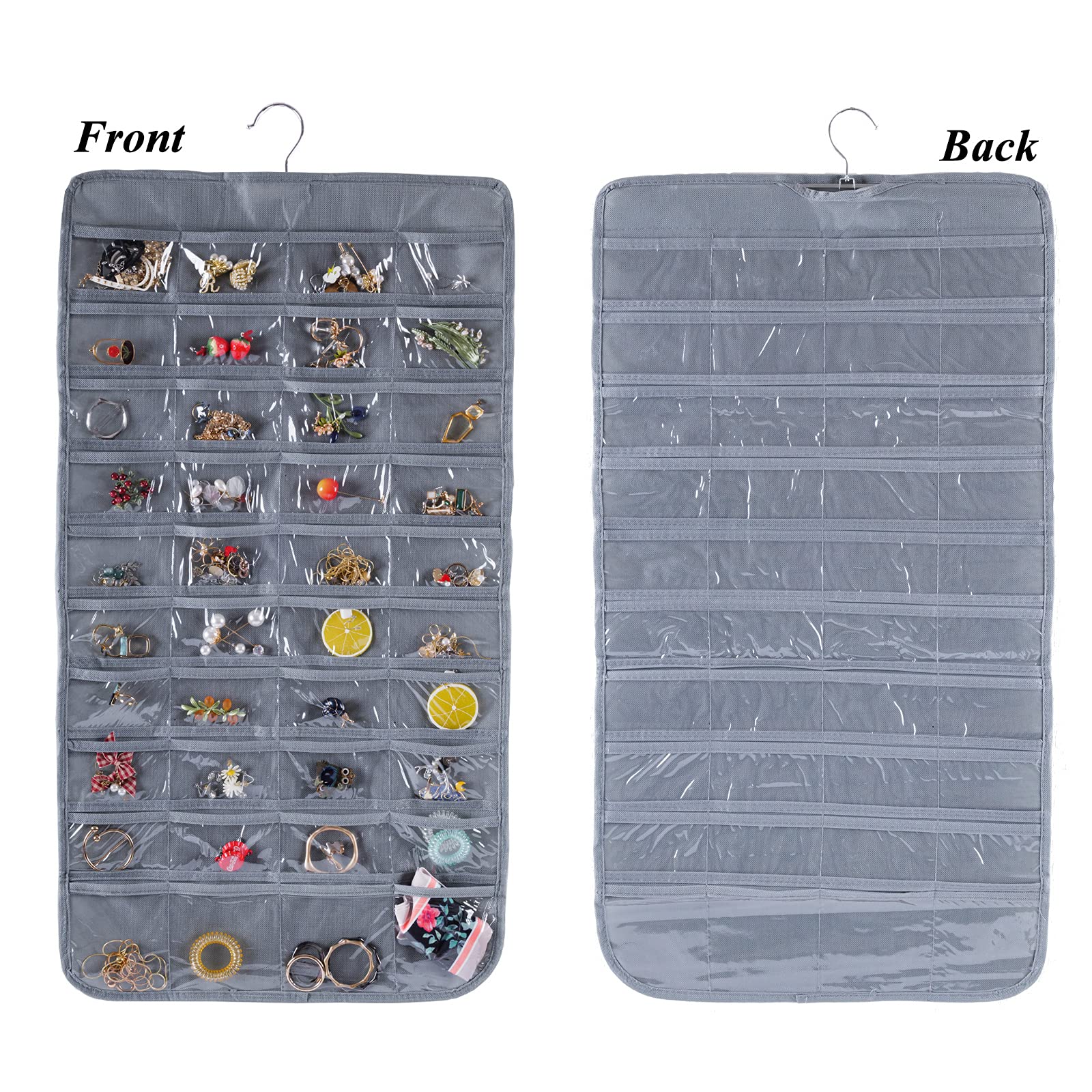 Double Sided 80 Pocket Jewelry Organizer - Bloss Hanging Jewelry Storage Bag with 2 Fabric Layers for Necklaces, Bracelets, Earrings, Rings & Knitting Tools | Perfect for Bedroom, Closet & Travel Organization (Black/Gray)
