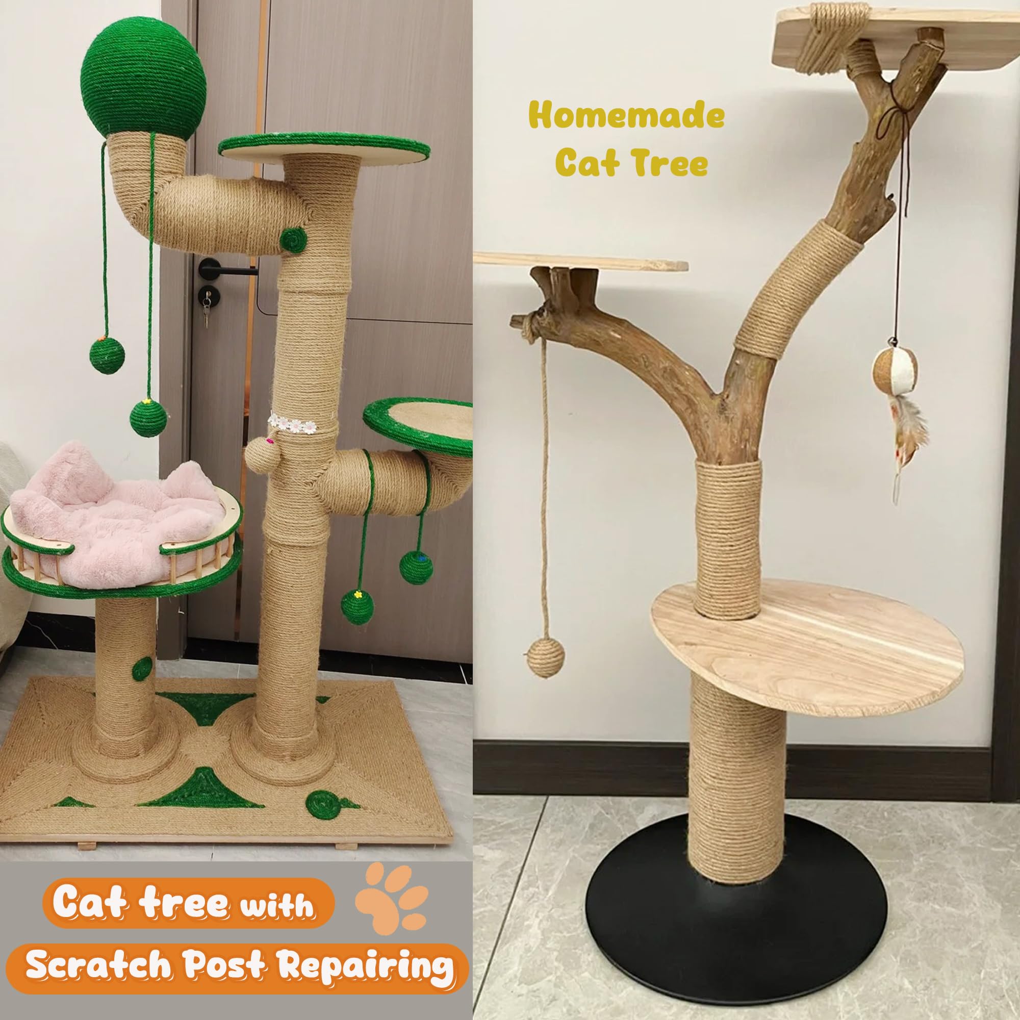 Natural 6mm Thick 164FT/50M Sisal Rope for Cat Scratcher & Scratch Post Repair - Durable Jute Rope for DIY Cat Tree Tower, Scratching Post & Cat Furniture - Perfect for Indoor Cat Play & Scratching Needs