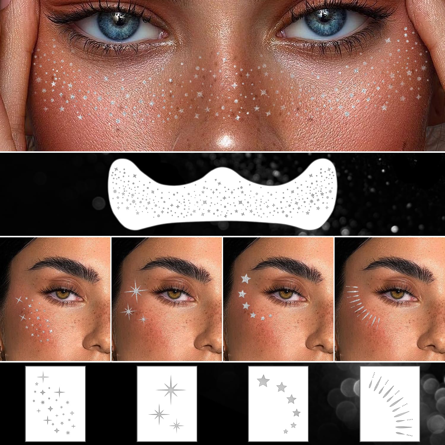 20 Pcs Silver Face Makeup Patches - Glitter Freckles Face Tattoos for Teens & Women | Waterproof Sparkle Freckles Makeup Stickers for Halloween, Christmas Parties & Festive Events (Silver)