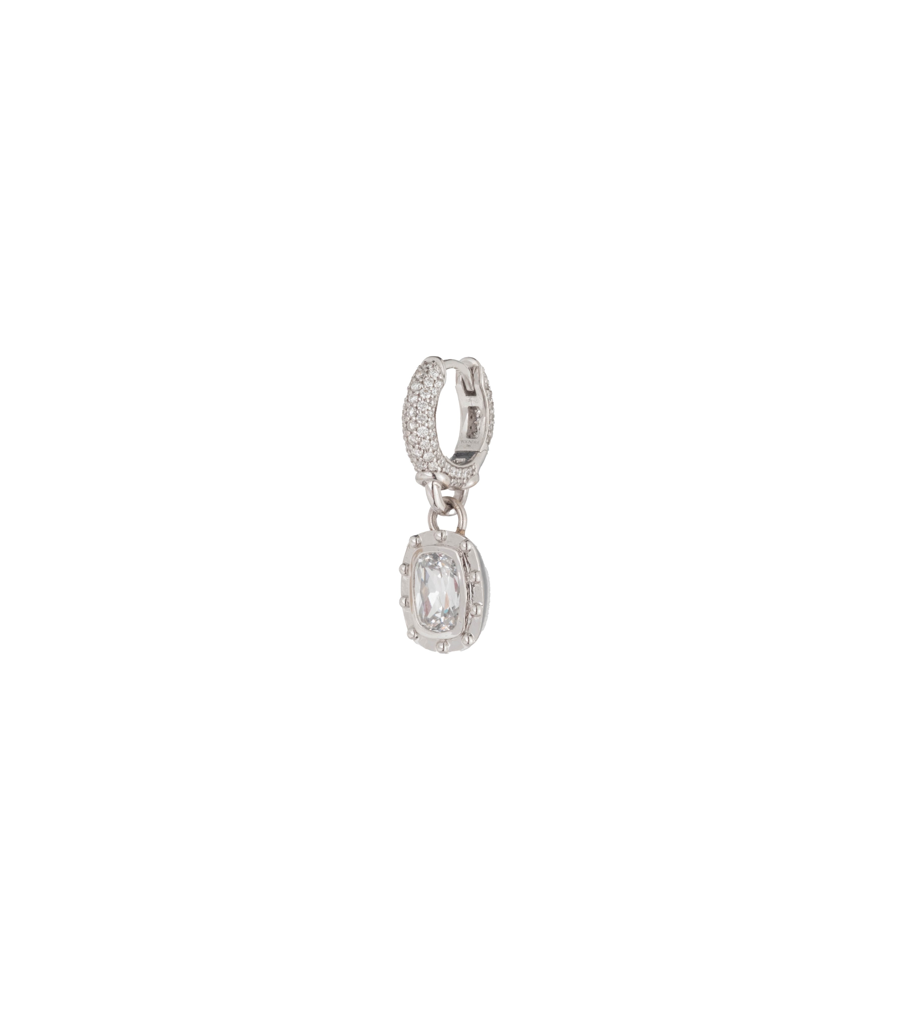 Lovestruck Pendant Ear Hoop - 14K White Gold Diamond Drop Earrings with Cushion Cut & Pavé Setting | Perfect for Weddings, Date Nights & Special Occasions