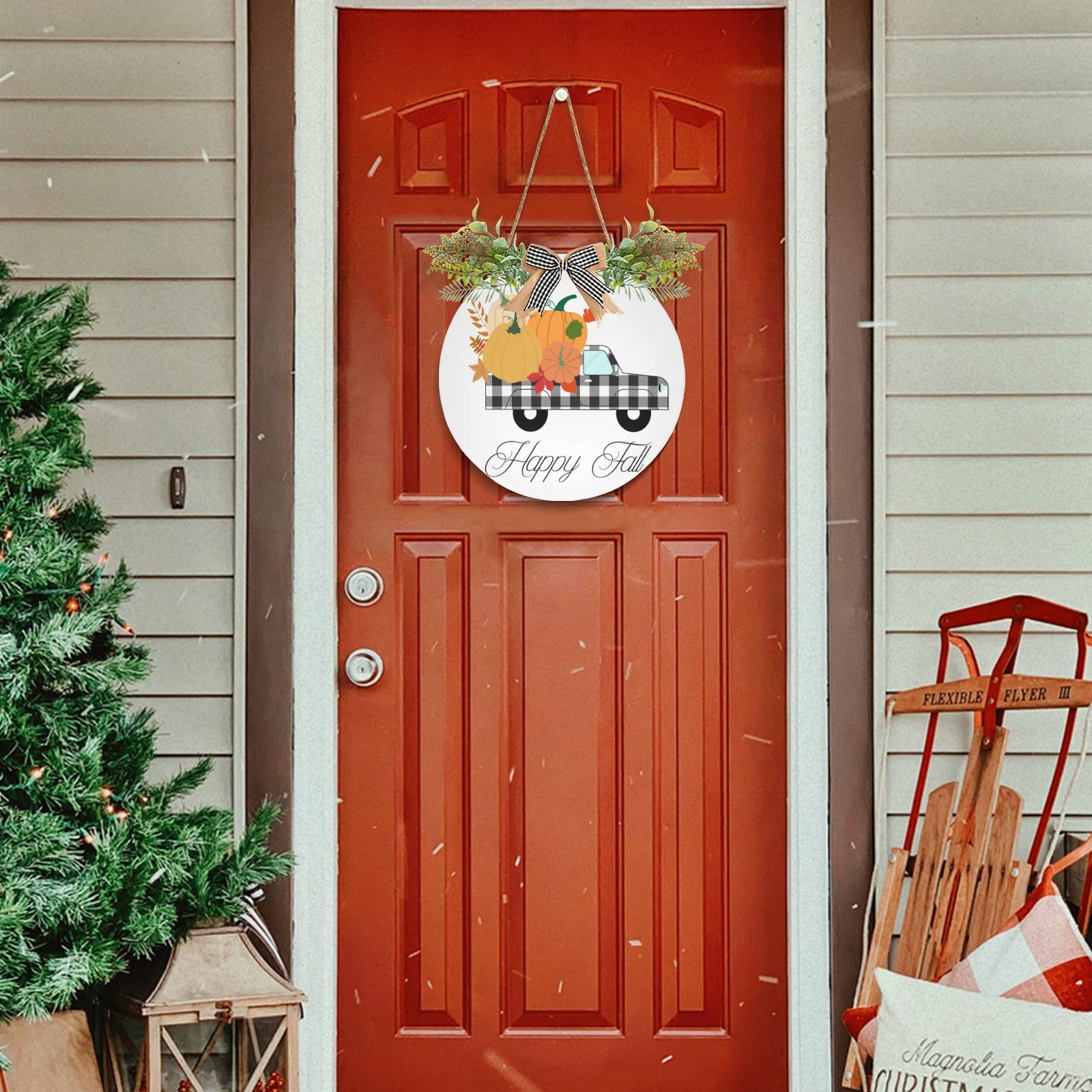 Hello Fall Truck Front Door Round Wood Sign - Rustic Farmhouse Decor with Pumpkins & Buffalo Plaid - Seasonal Porch Hanging, Wall Decoration & Housewarming Gift for Autumn, Thanksgiving & Holiday Decorating