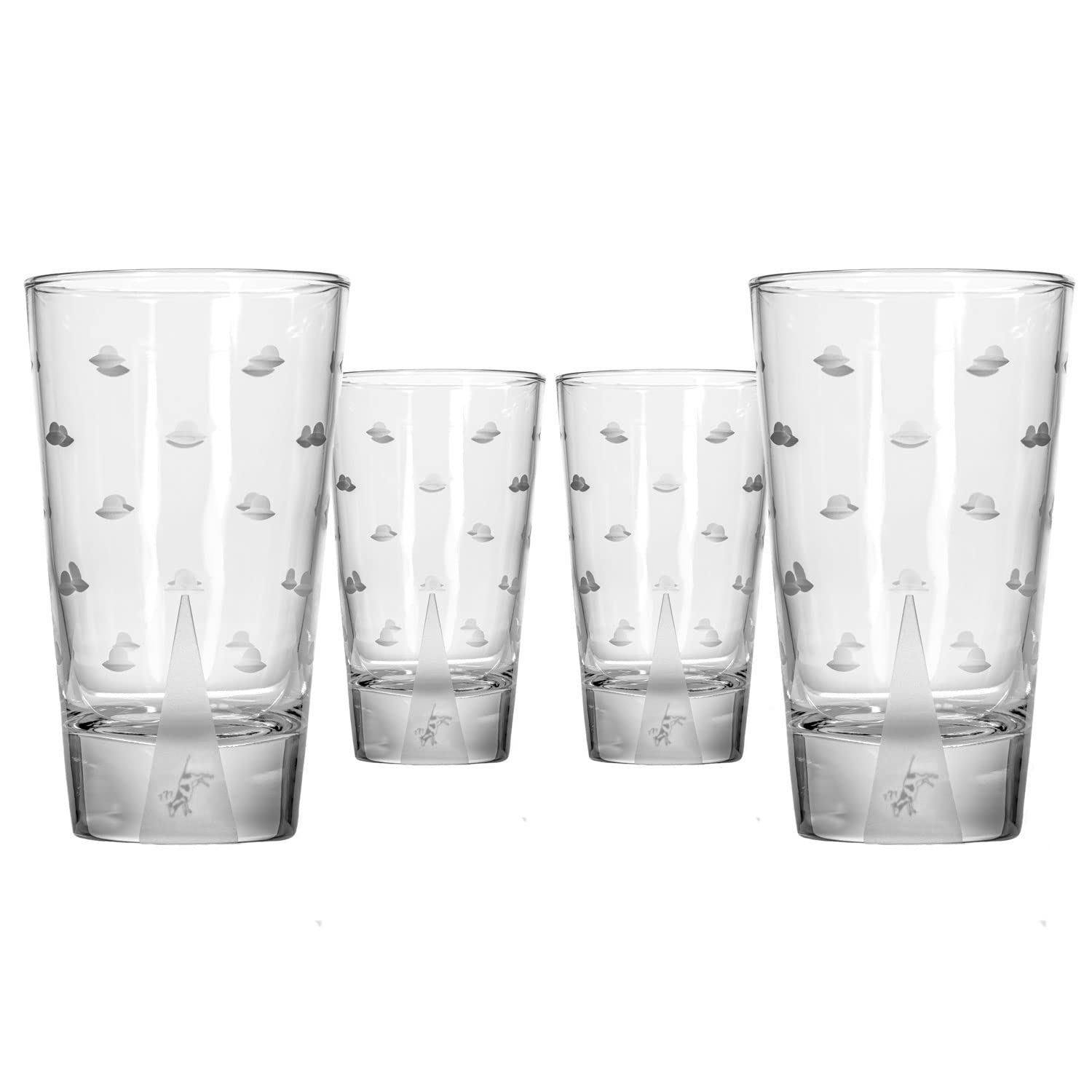 Premium Rolf Glass Mothership UFO Cow Highball Glasses Set of 4 – 15oz Lead-Free Engraved Drinking Glasses with Heavy Base – Handcrafted in USA – Perfect for Cocktails, Iced Coffee & Home Bar Decor