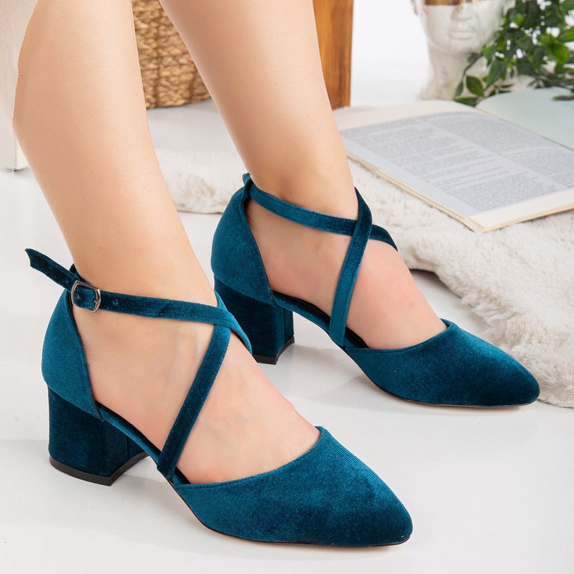 Teal Blue Velvet Block Heels for Women - Comfortable Chunky Heel Shoes for Wedding, Party & Office Wear - Stylish Dolly Pumps with Non-Slip Sole