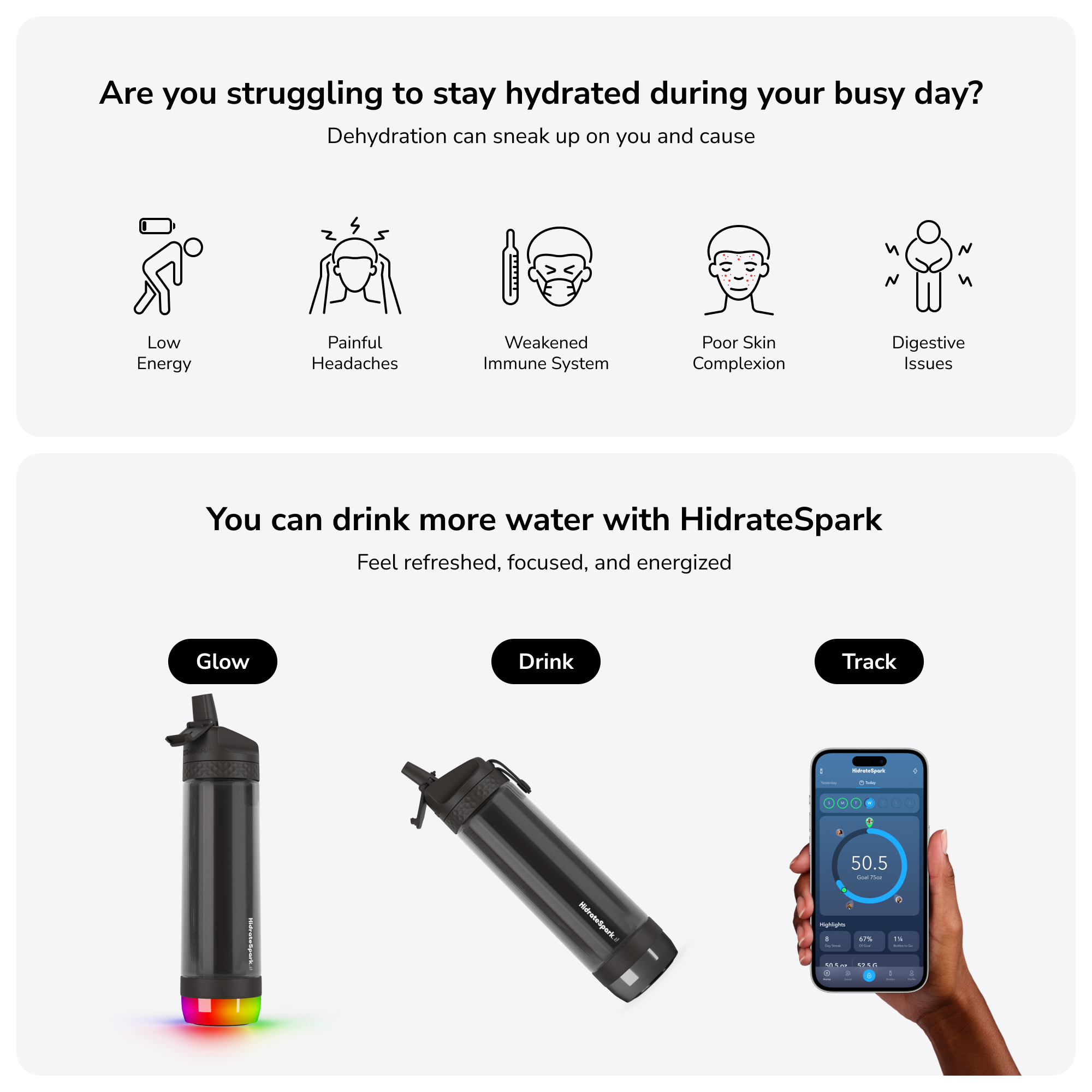 HidrateSpark PRO Smart Water Bottle - 24 oz Leak-Proof & Insulated with LED Glow Reminder - Perfect for Gym, Hiking, Office & Daily Hydration Tracking