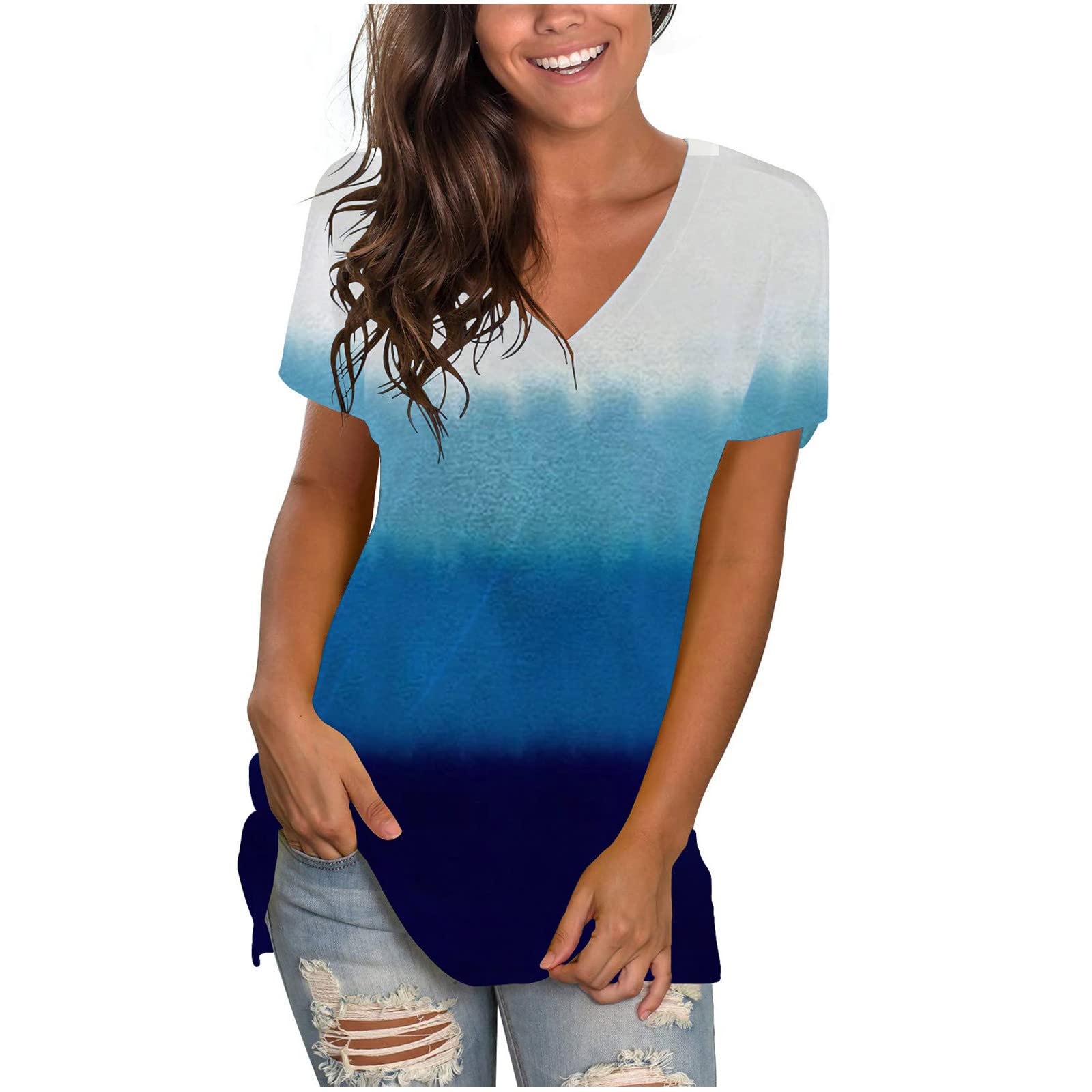 Women's V-Neck T-Shirt | Summer Basic Tops | Side Split Tunic Tee | Short Sleeve Casual Shirt | Loose Fit Blouse | Perfect for Beach, Vacation & Everyday Wear