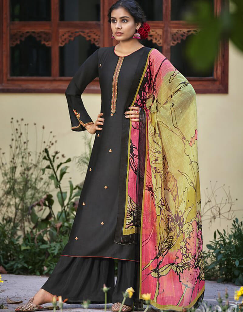 Black Sharara Style Suit Pure Silk - Elegant Traditional Outfit for Weddings, Parties & Special Occasions