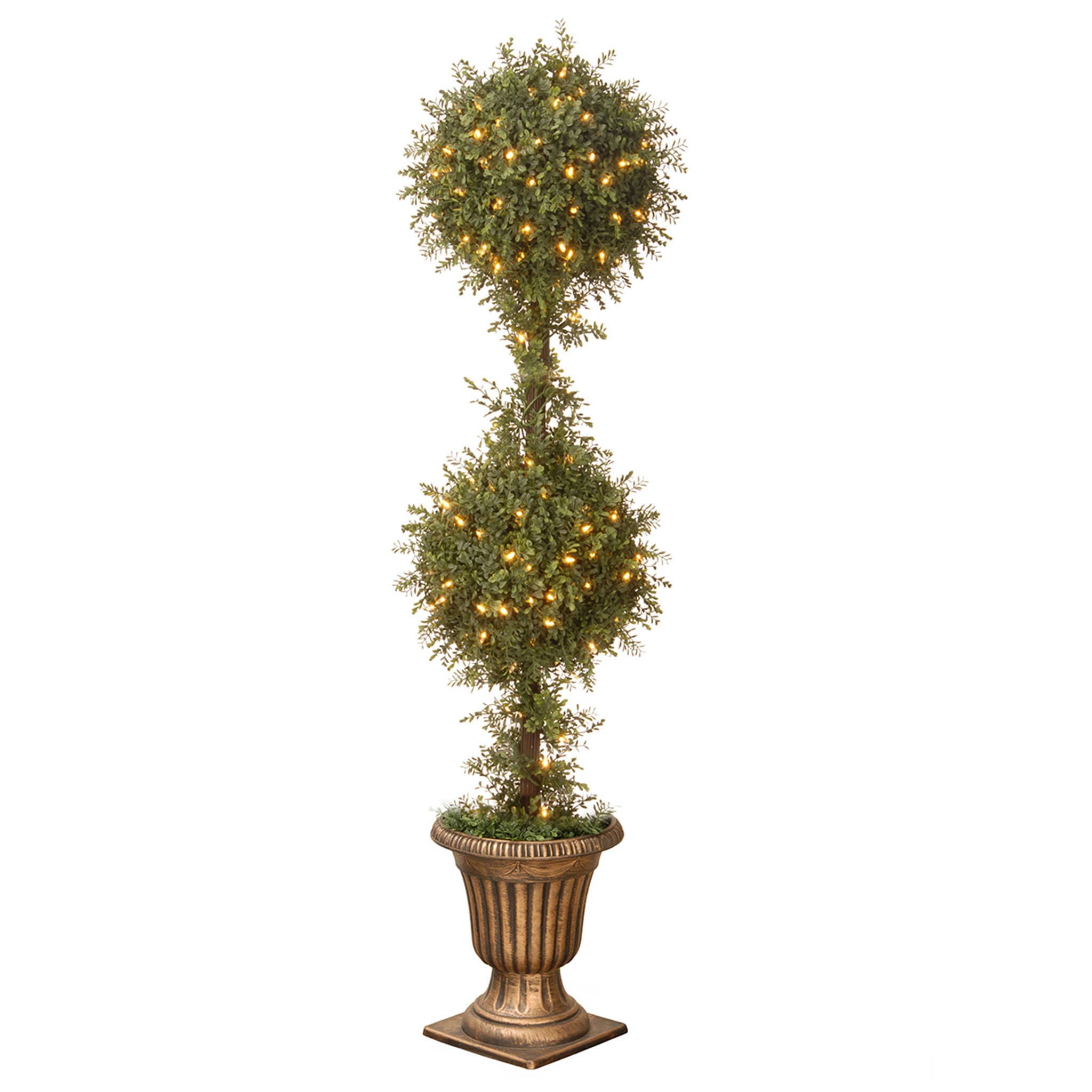 60-Inch Pre-Lit Mini Tea Leaf 2 Ball Topiary in Gold Urn with Clear Lights - Elegant Indoor/Outdoor Decor for Home, Garden, Wedding & Holiday Parties