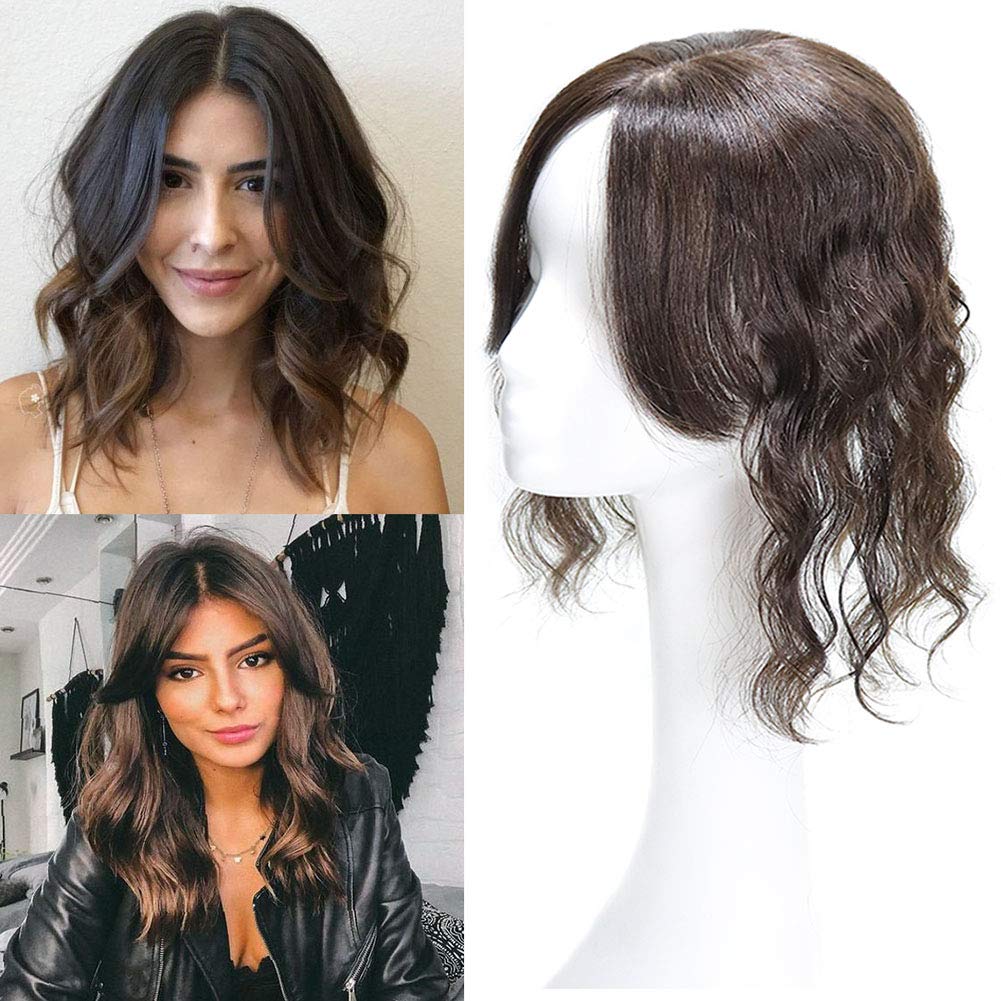 100% Human Hair Clip-In Topper - Seamless U-Shape Forehead Closure Wiglet with Wispy Bangs, 13x13cm, 35cm Length, Natural Black - Perfect for Thinning Hair, Hair Loss & Instant Volume Boost (Water Wavy Texture for Everyday & Special Occasions)