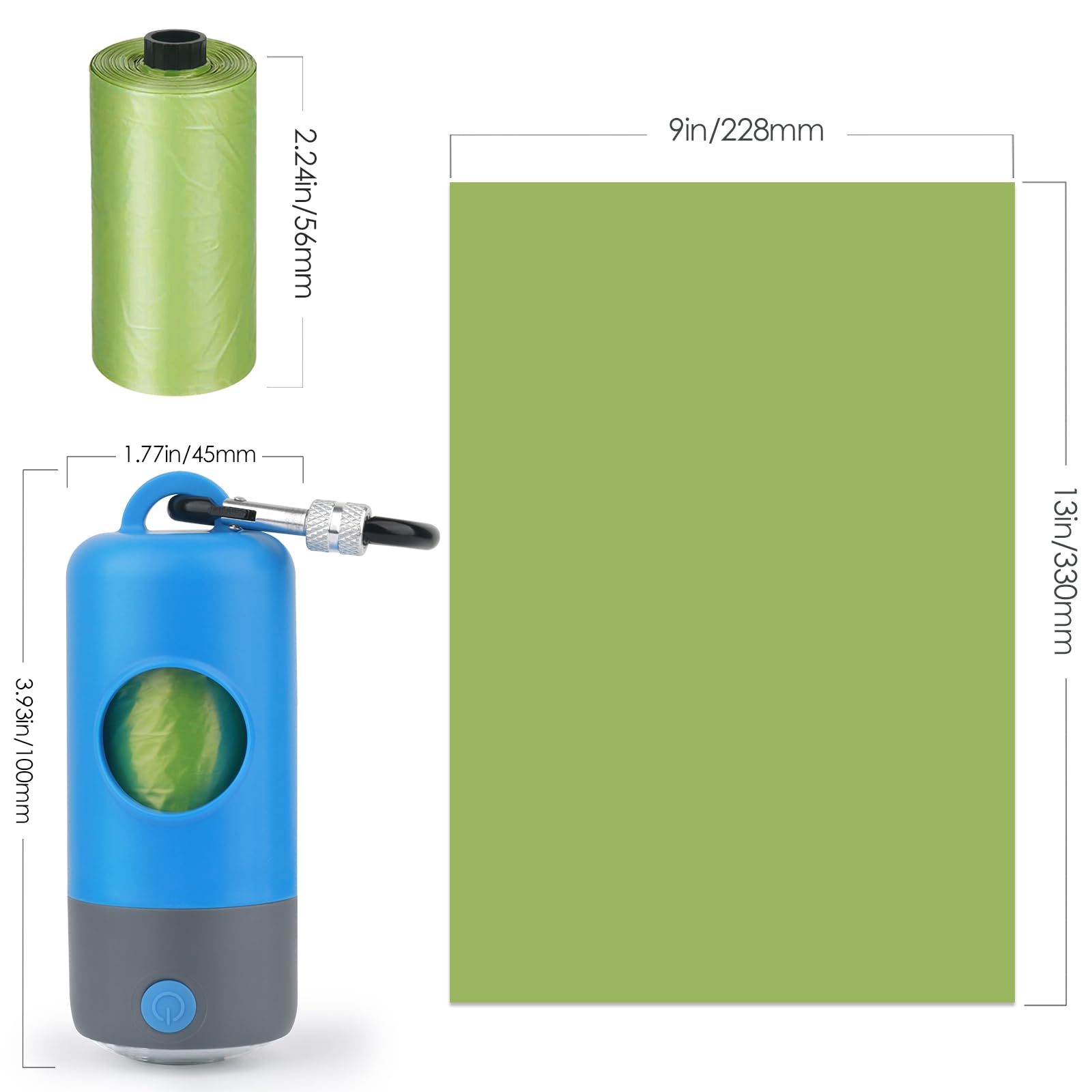 Rechargeable LED Dog Poop Bag Dispenser with Carabiner Clip - 15 Extra Thick Pet Waste Bags Included - Hands-Free Leash, Collar & Harness Attachment - Ideal for Night Walks, Hiking & Outdoor Adventures