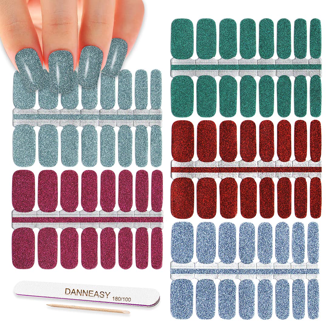 DANNEASY Glitter Nail Polish Strips - 5 Sheets Self-Adhesive Nail Stickers & Wraps with Nail File & Cuticle Stick | Long-Lasting Manicure Kit for Home, Salon & Party Nail Art