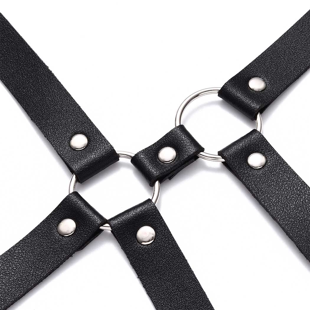 Flovel Punk Body Chain - Black Leather Chest Chains Belt for Women & Girls | Gothic Rave Layered Body Jewelry | Perfect for Music Festivals, Parties & Fashion Accessories