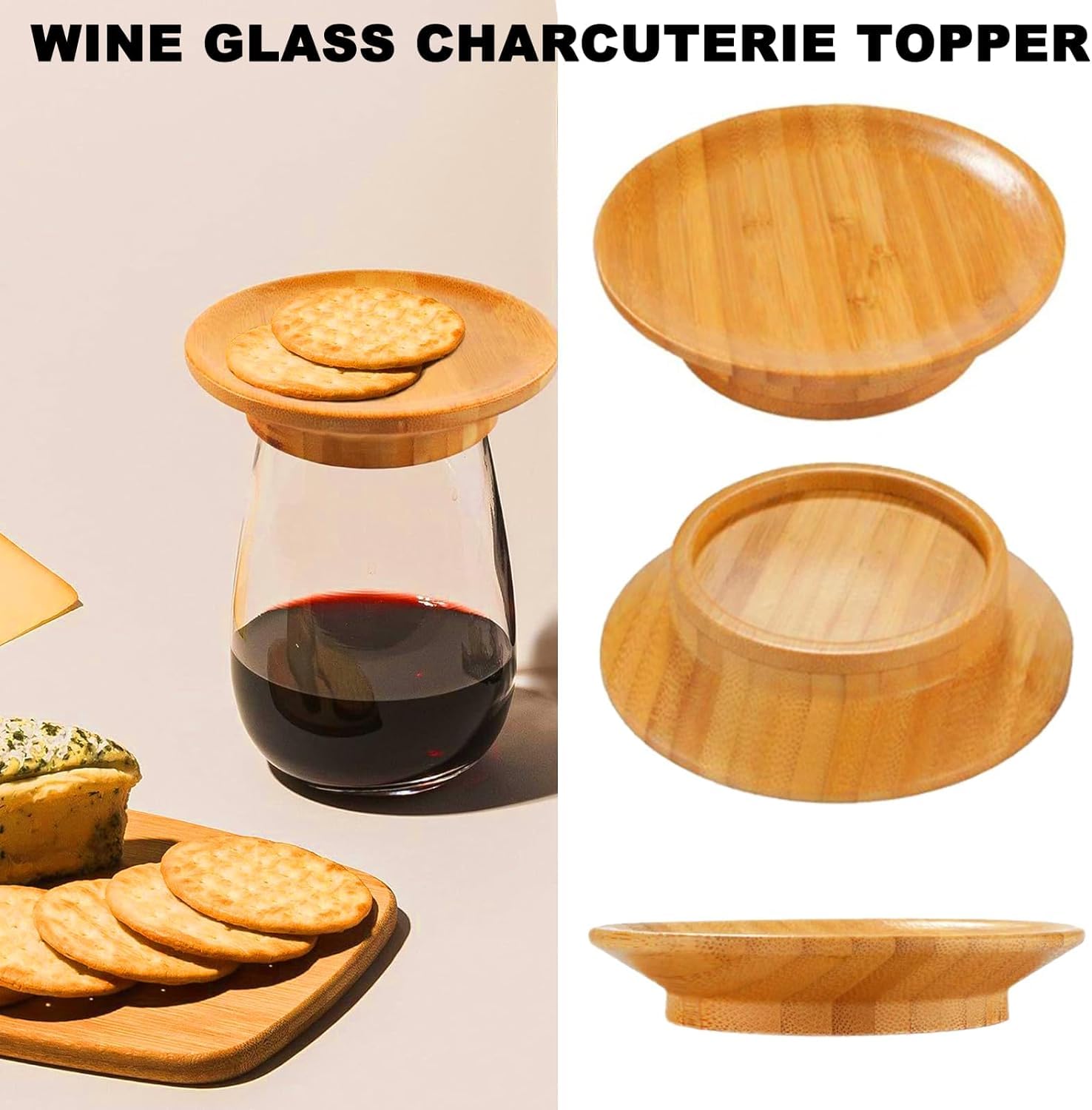 Premium Bamboo Wine Glass Charcuterie Toppers & Coasters Set - 4