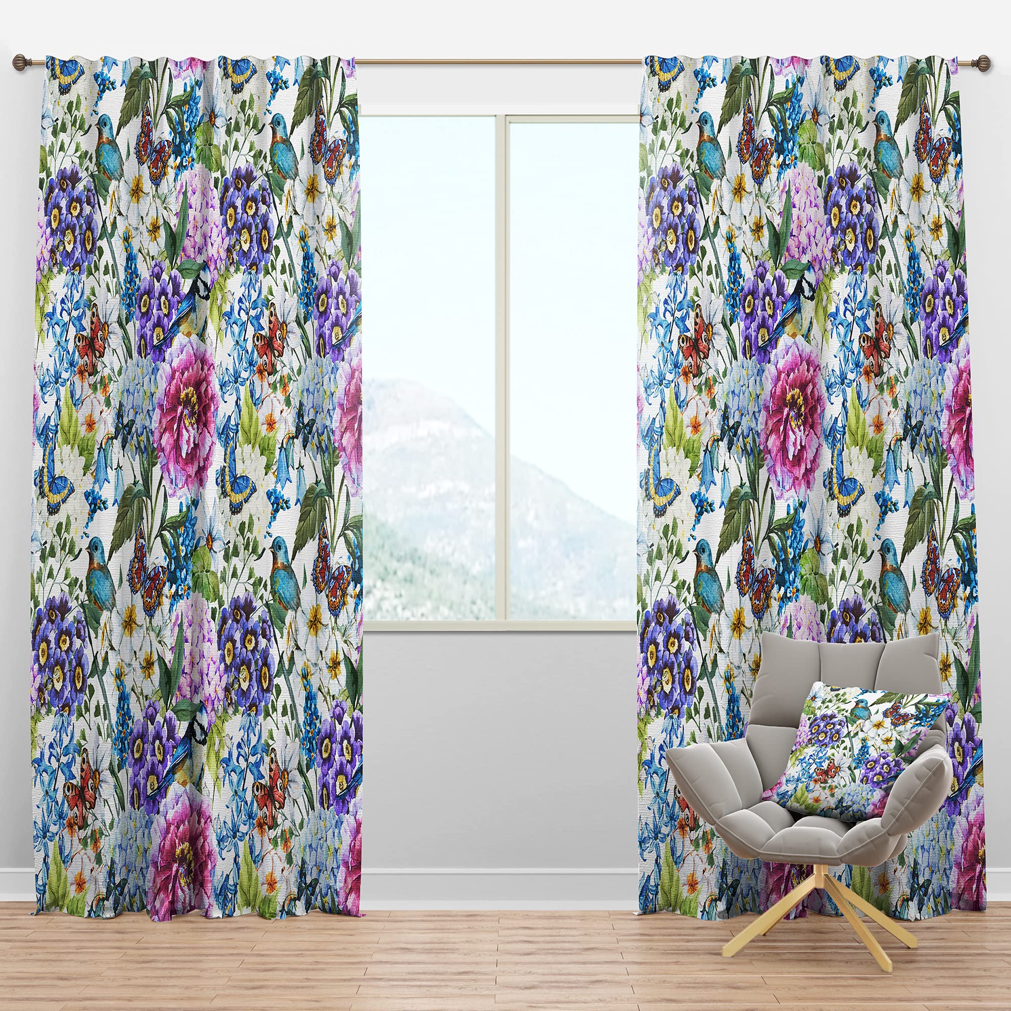 DesignQ Blackout Curtains - Thermal Insulated Single Panel (52x95 inches) - Blue Bird & Purple Floral Pattern for Bedroom & Living Room - Perfect for Light Blocking, Privacy & Energy Efficiency
