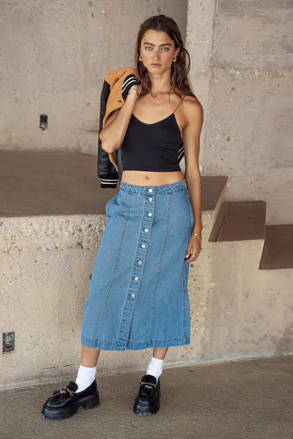 Kaylee Button Denim Skirt for Women | High Waisted A-Line Denim Skirt with Front Buttons | Perfect for Casual Outfits, Date Nights & Spring Fashion