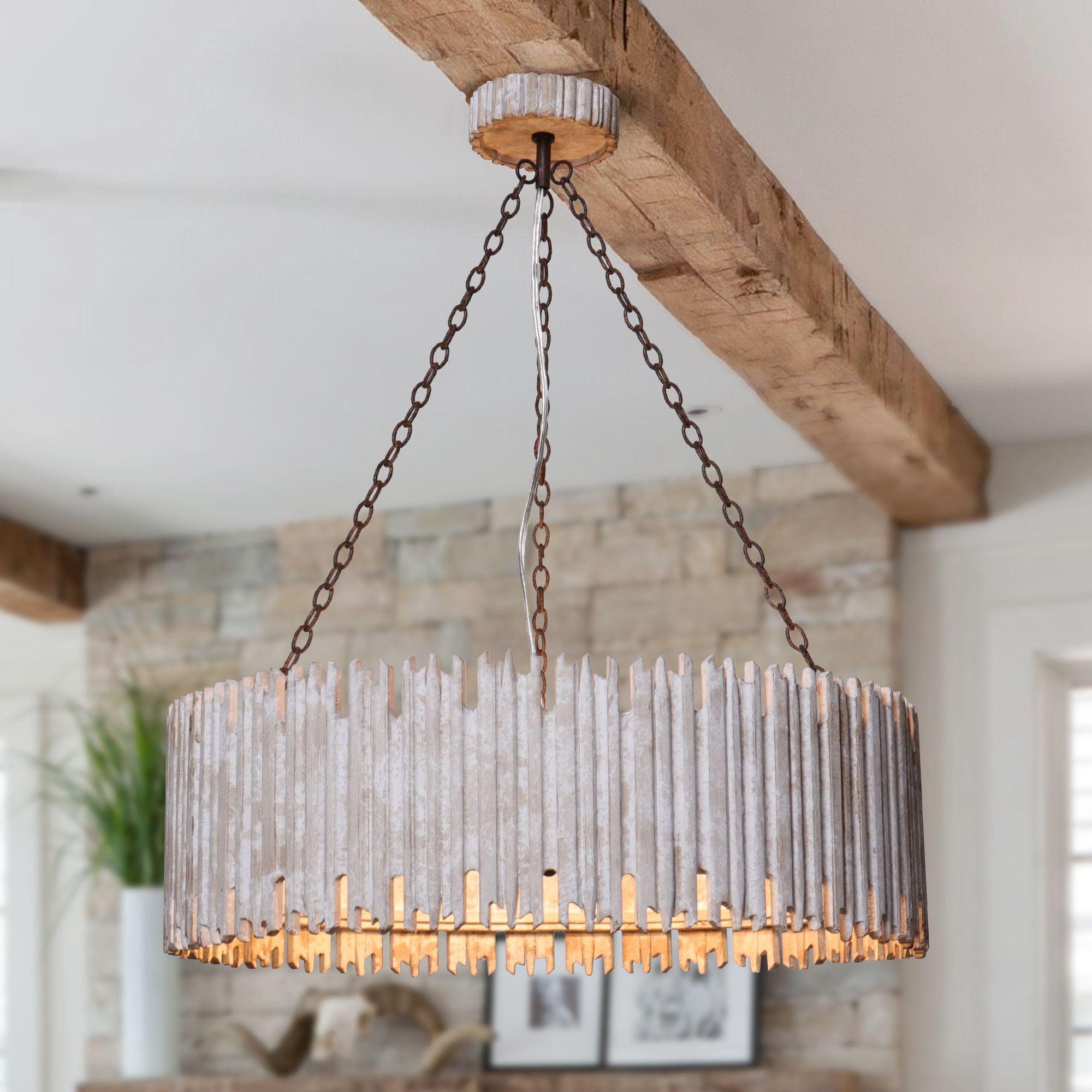 Chouinard 3-Light Natural Wooden Drum Chandelier - Modern Farmhouse Ceiling Light Fixture for Dining Room, Kitchen Island & Bedroom Lighting