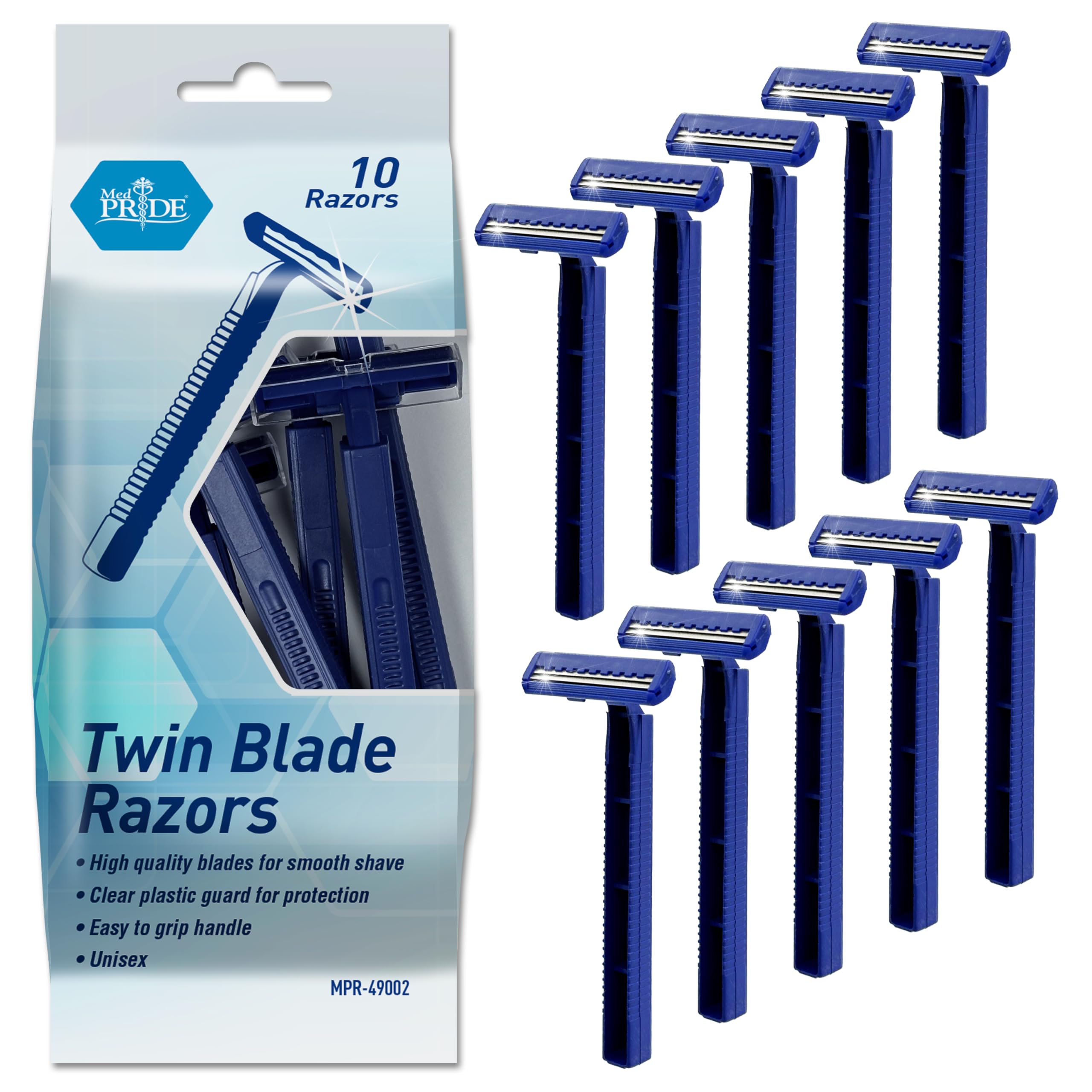 MED PRIDE Disposable Razors 10-Pack - Twin Blade Razors for Men & Women with Easy Grip Handle for Smooth Shaving - Perfect for Travel, Gym Bags & Home Use