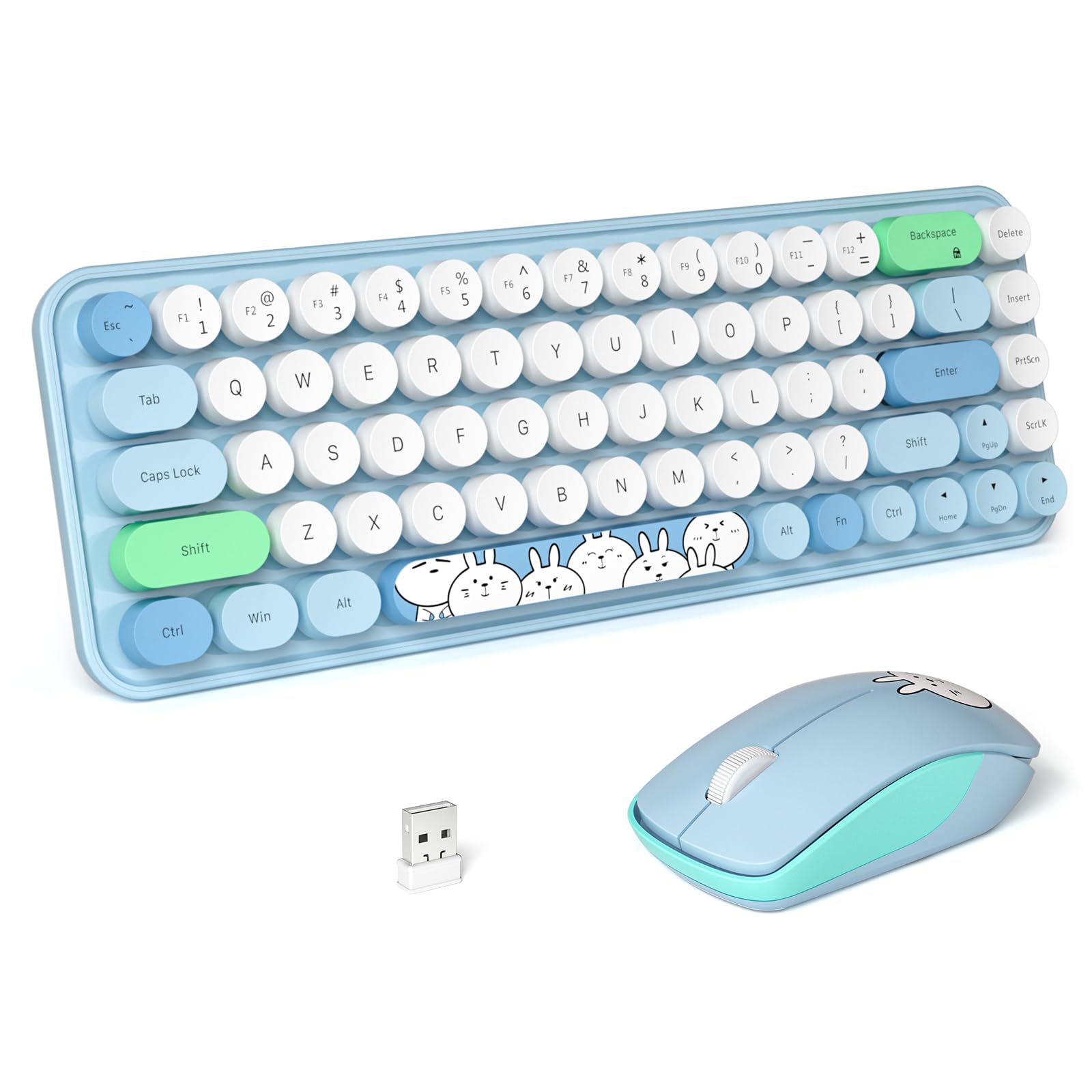 FOPETT 2.4G Wireless Keyboard and Mouse Combo - 68-Key Retro Typewriter Style with Round Keycaps, Colorful Blue Design for PC, Laptop, Tablet (Windows Compatible) | Perfect for Office, Home & Gaming Use
