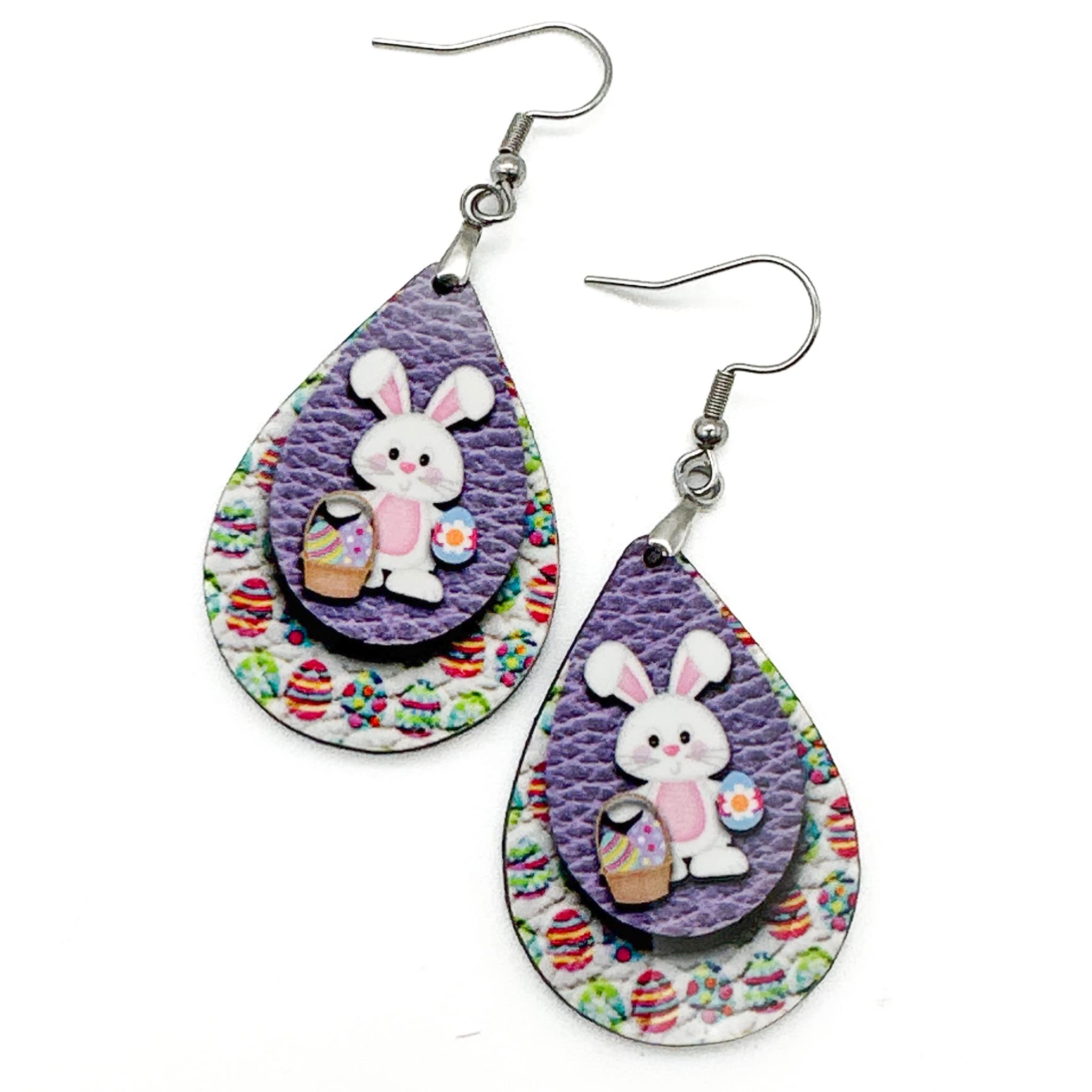 Handmade Wooden Bunny Dangle Drop Earrings for Women - Purple & Pink Easter Jewelry by The Painted Pug | Perfect for Spring Celebrations, Easter Gifts & Party Accessories
