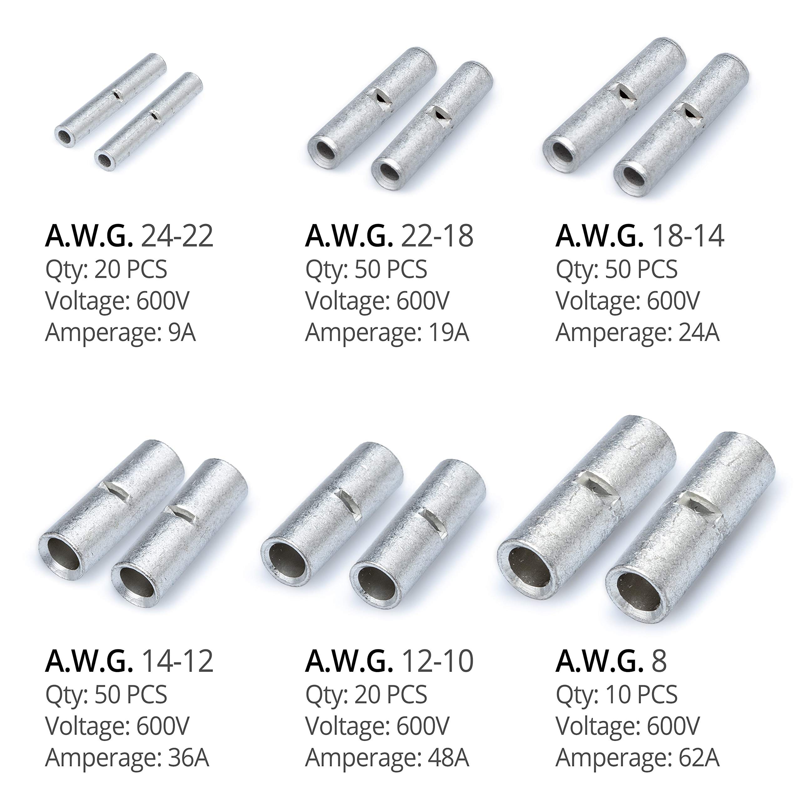 Wirefy 200 PCS Non-Insulated Butt Connectors Kit - 24-8 AWG Crimp Wire Connectors for Automotive, Marine & Electrical Wiring - High Conductivity Copper Splice Connectors for Secure Wire Joining
