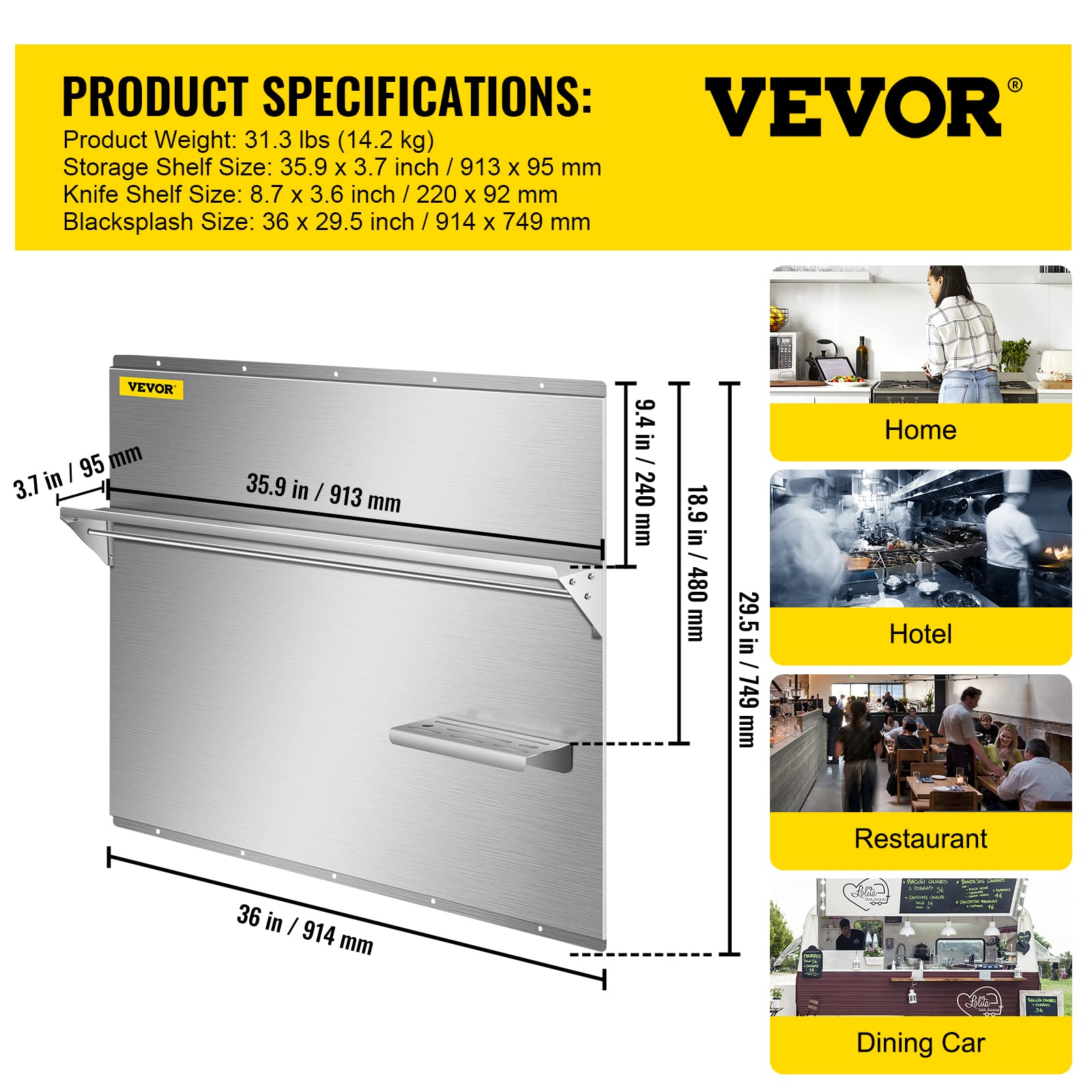 VEVOR 36 x 29.5 Inch Stainless Steel Range Hood Backsplash with Storage Shelf & Hanging Rack - Splash Plate Wall Shield for Kitchen Range Protection - Perfect for Modern Kitchens, Restaurants & Food Trucks