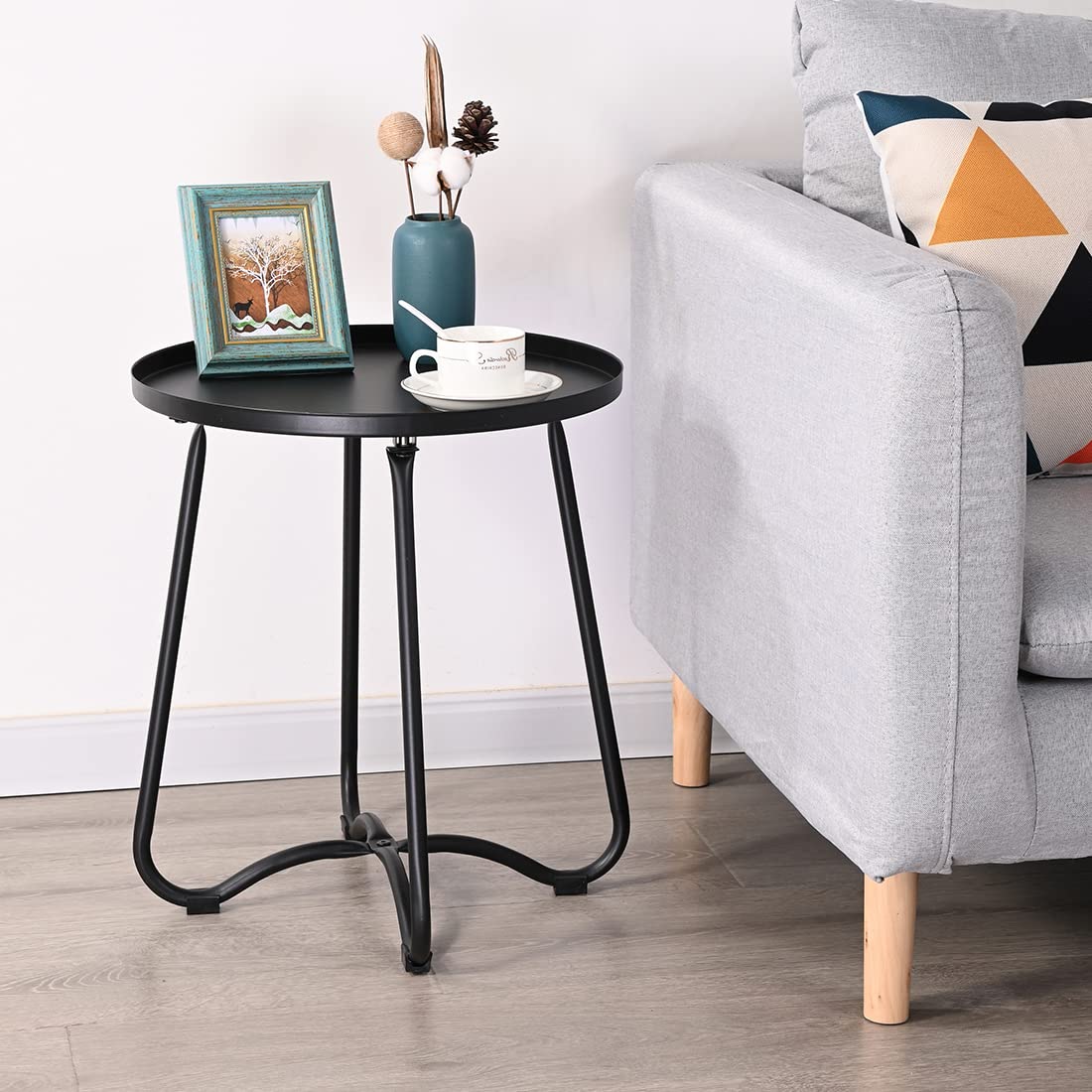 Black Round Metal Patio Side Table with Tray Top - Outdoor End Table, Nightstand for Living Room, Bedroom, Yard & Balcony - Perfect for Snacks, Drinks & Small Spaces