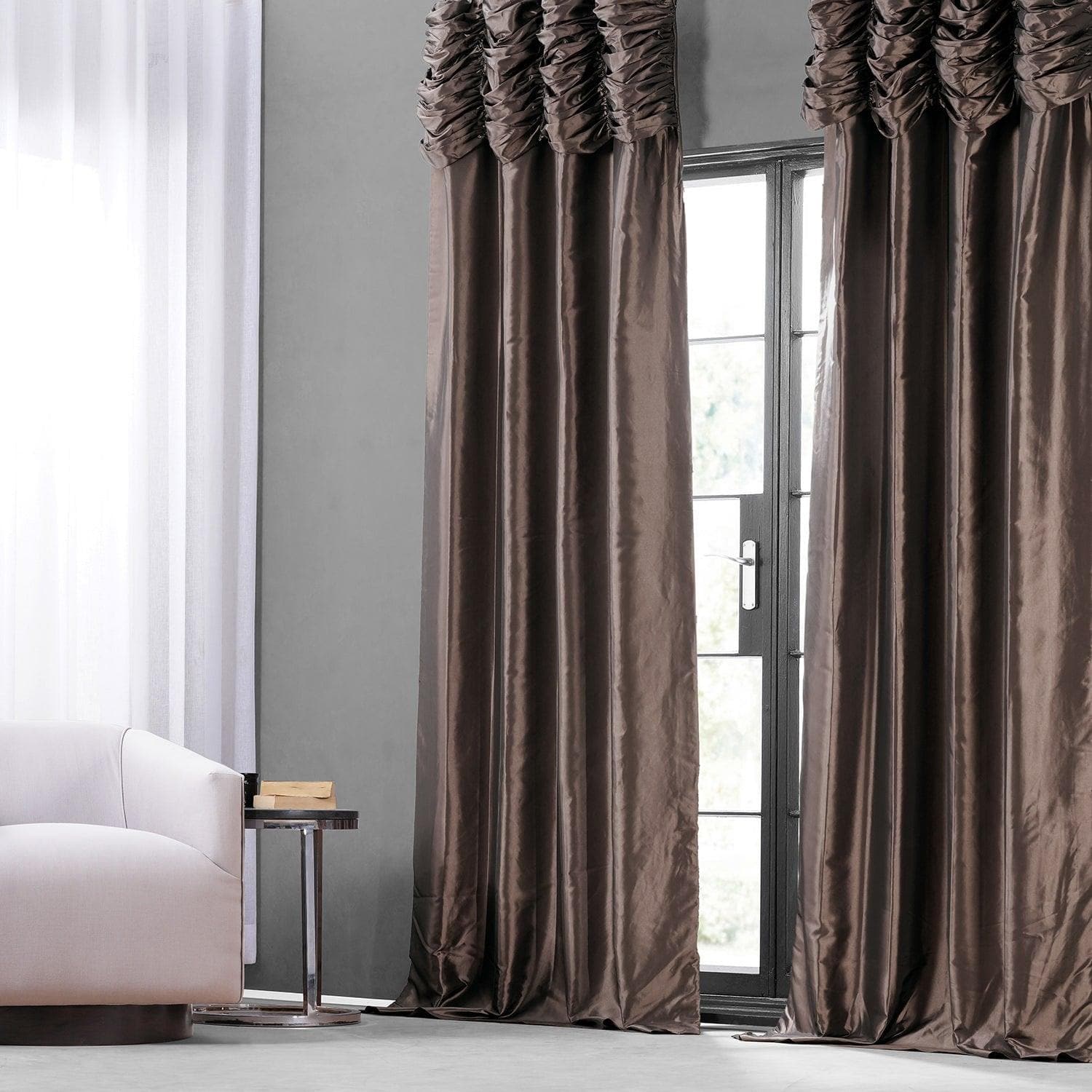 Blackout Curtains for Bedroom - Mushroom Ruched Solid Faux Silk Taffeta Window Drapes - Thermal Insulated Room Darkening Curtain Panels for Living Room, Nursery & Home Decor